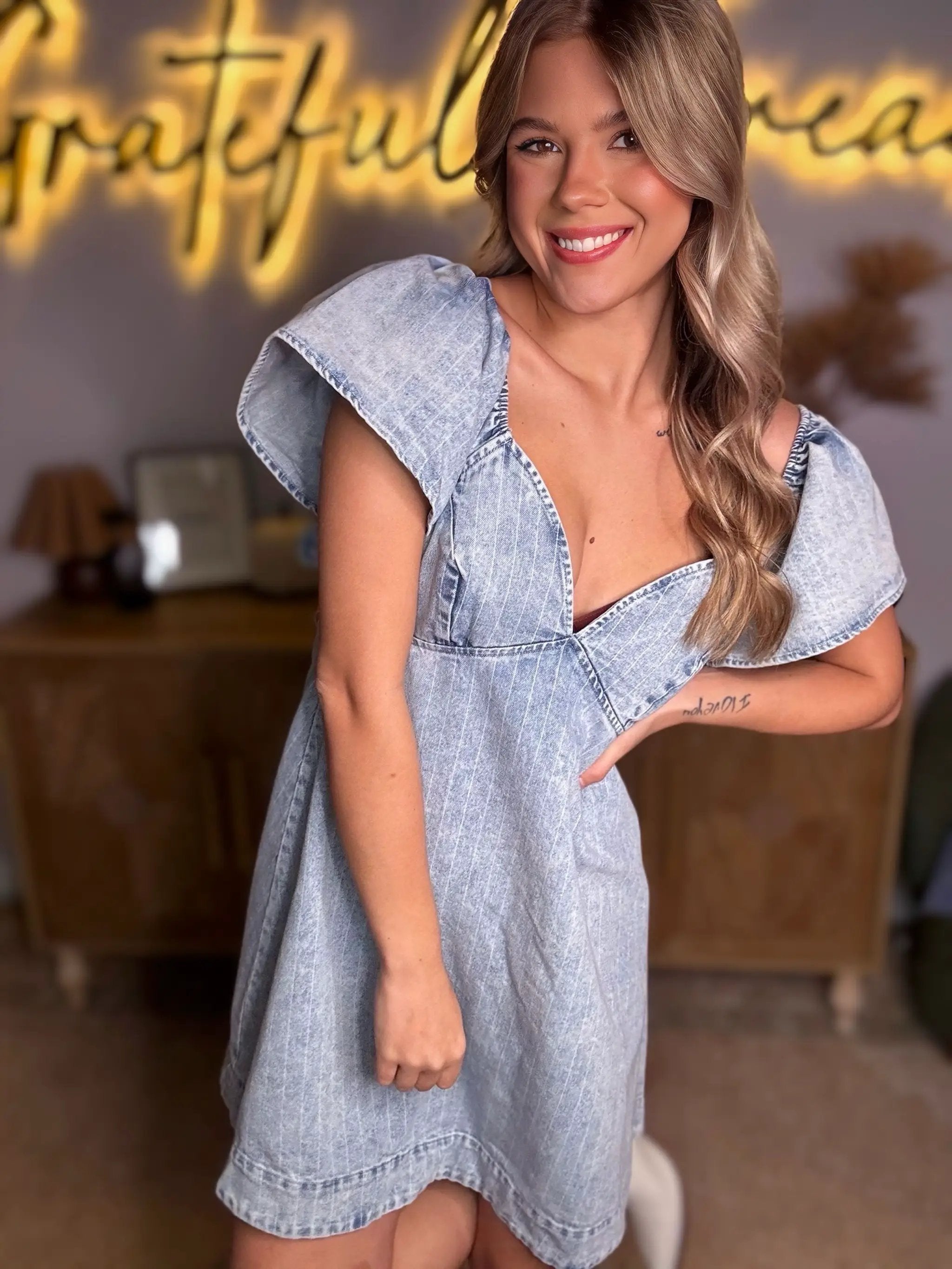So Me Washed Striped Denim Dress with Back Tie - Dresses Apparel & Accessories