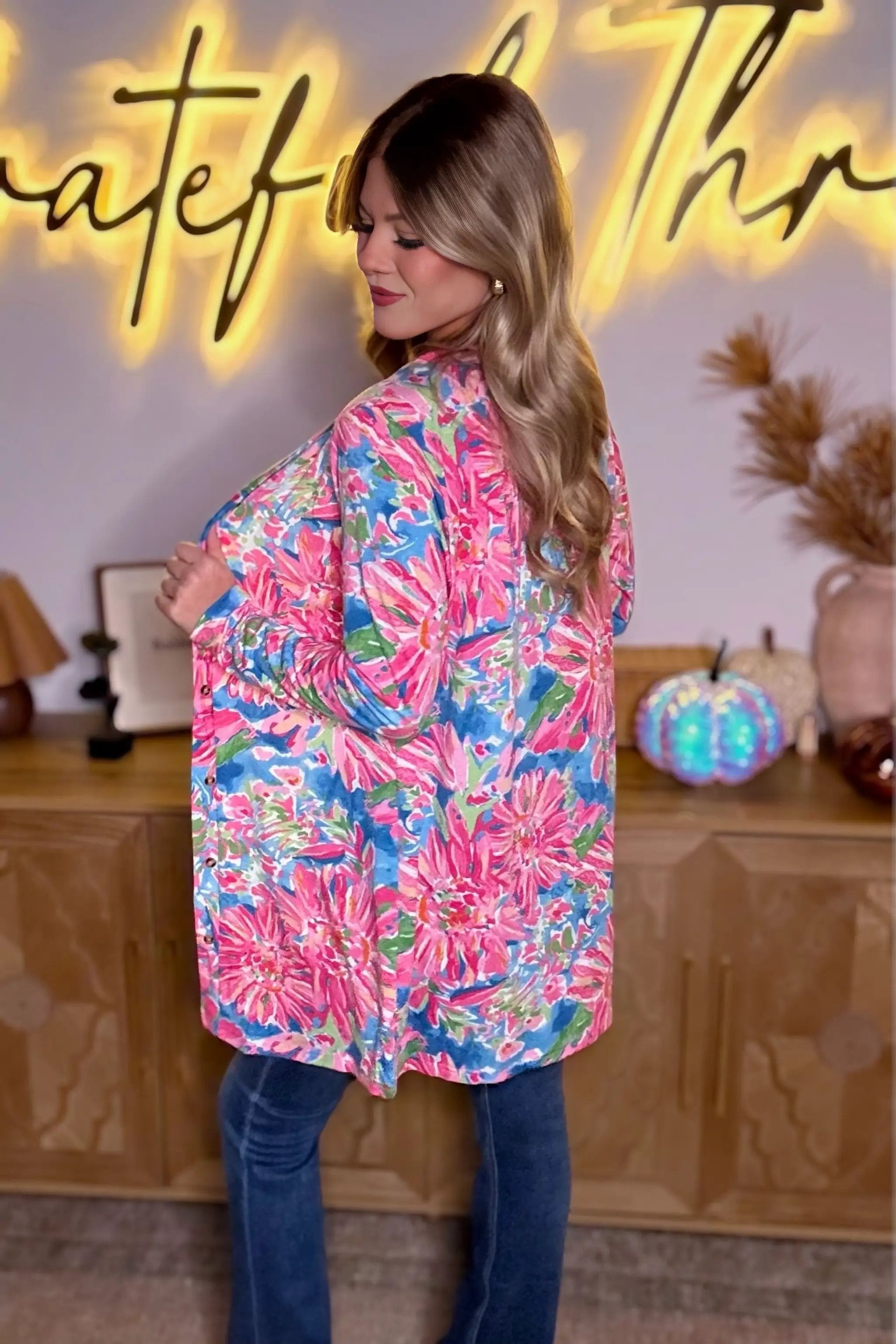 Grateful Threads Boutique Pink Flower Print Long Sleeve Button Up Cardigan - Cardigans Pink Flower Print Long Sleeve Button Up Cardigan