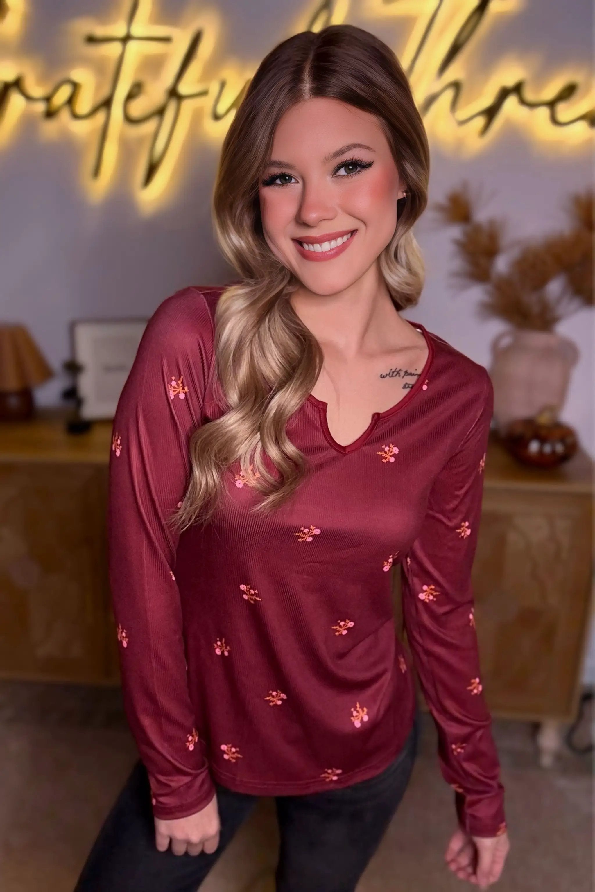 Grateful Threads Boutique Burgundy Notched Neck Floral Print Ribbed Long Sleeve Top - Sweaters Burgundy Notched Neck Floral Print Ribbed Long Sleeve Top