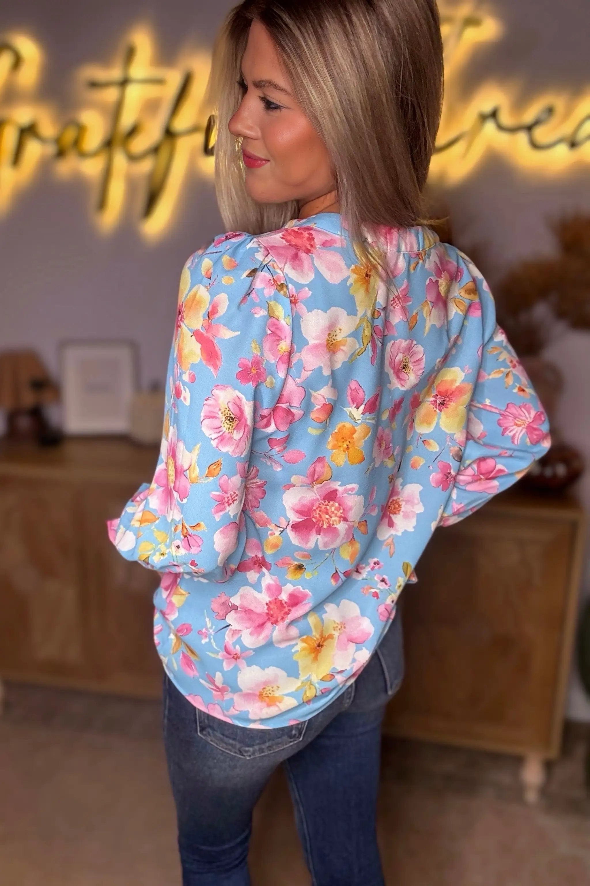 Grateful Threads Boutique Sky Blue Floral Smocked Cuff Flounce Sleeve V Neck Blouse - Blouses Sky Blue Floral Smocked Cuff Flounce Sleeve V Neck Blouse