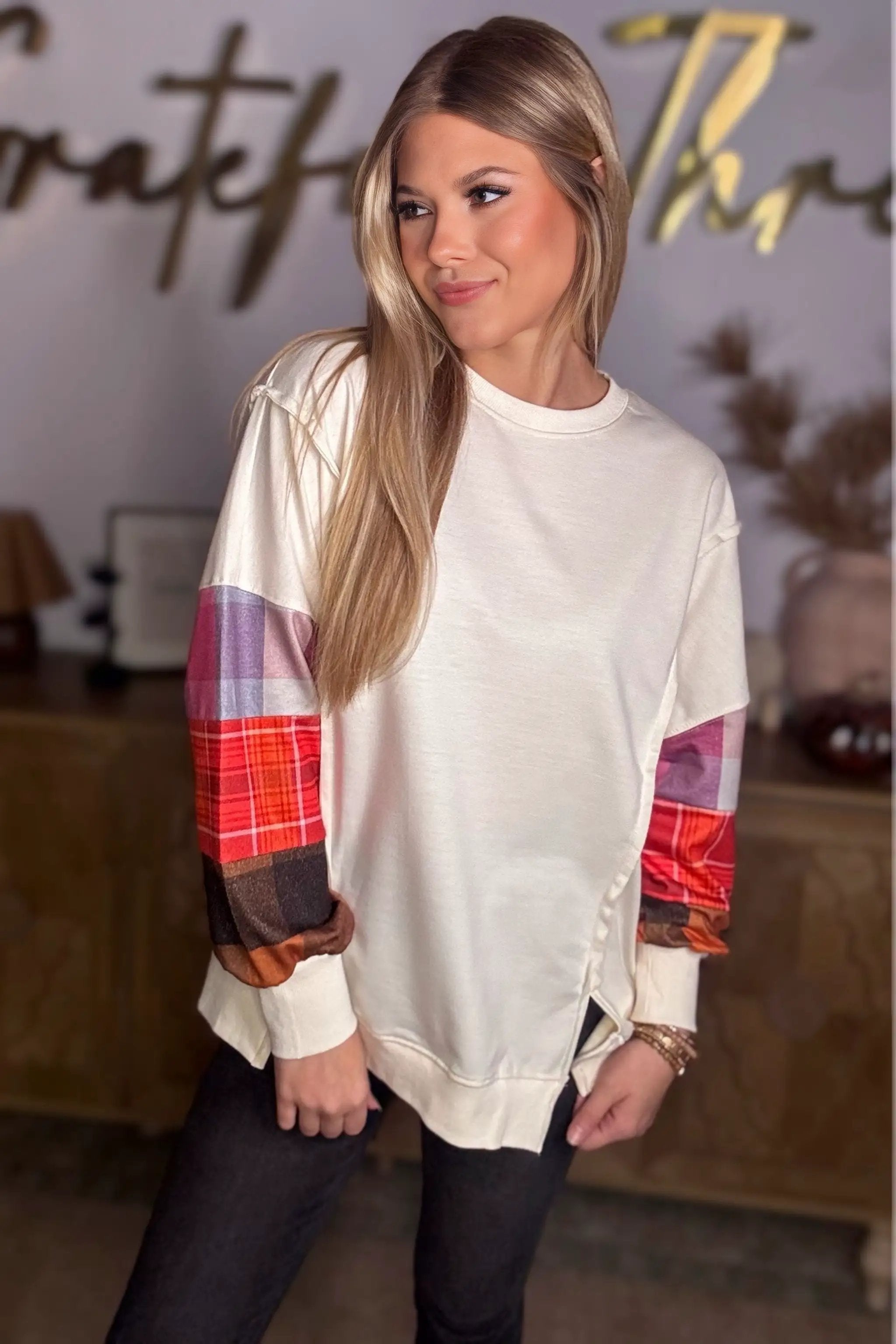 Grateful Threads Boutique Beige Contrast Plaid Long Sleeve Exposed Seam Patchwork Top - Shirts Beige Contrast Plaid Long Sleeve Exposed Seam Patchwork Top