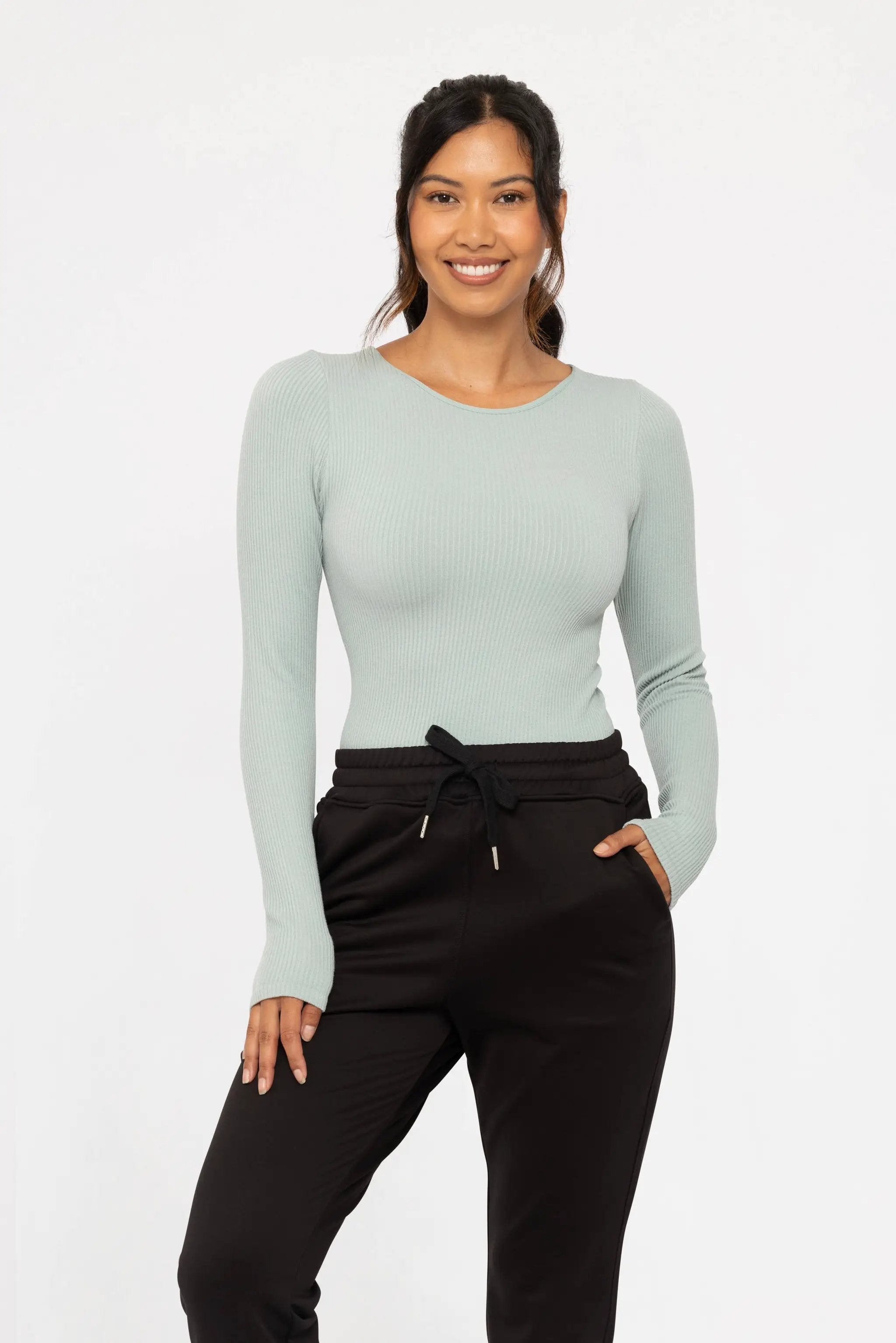 Mono B Mono B - Seamless Ribbed Long Sleeve Top in Vintage Blue - Shirts