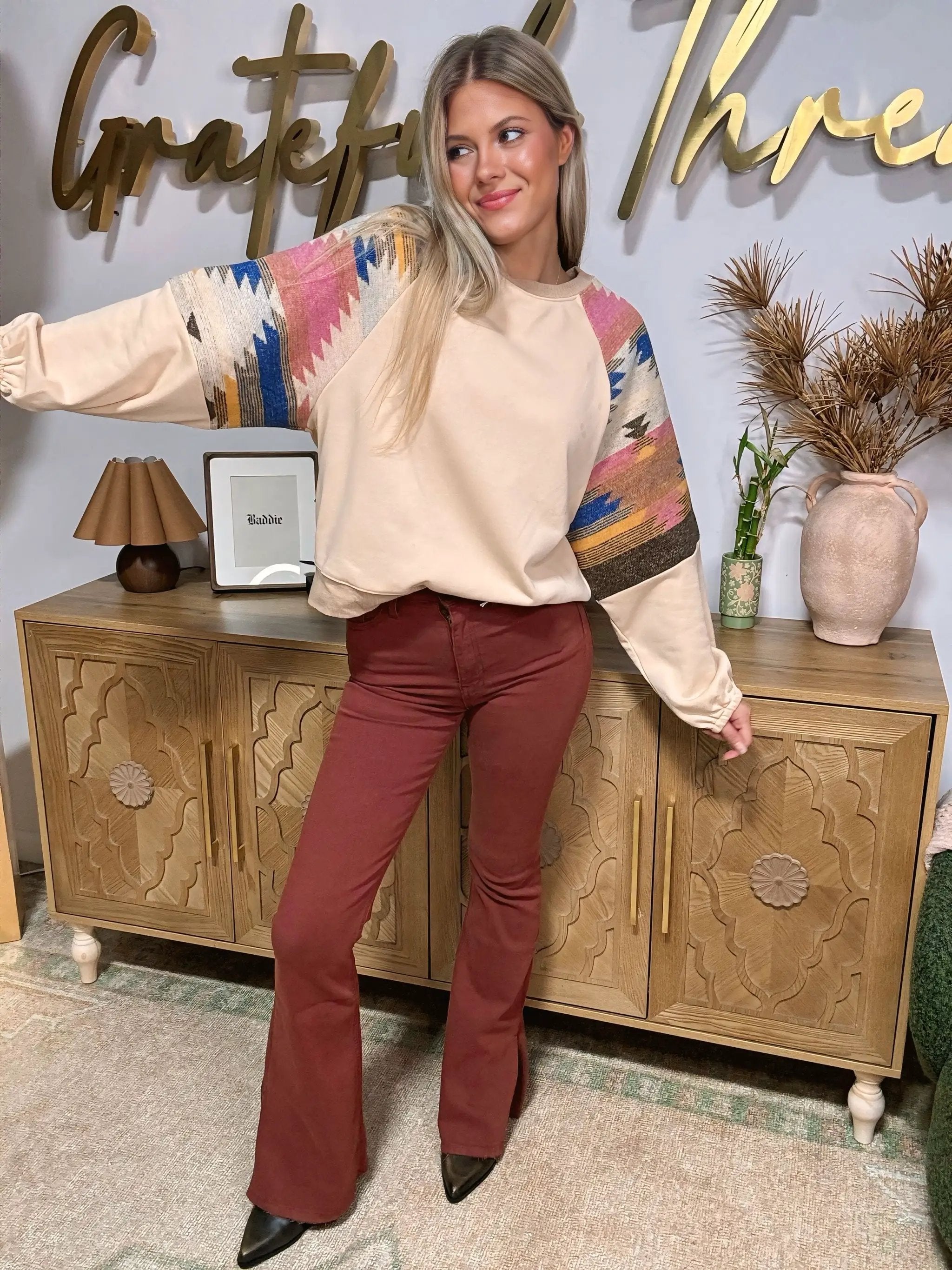 Grateful Threads Boutique Light French Beige Aztec Patchwork Raglan Pullover Sweatshirt - Sweatshirts Light French Beige Aztec Patchwork Raglan Pullover Sweatshirt