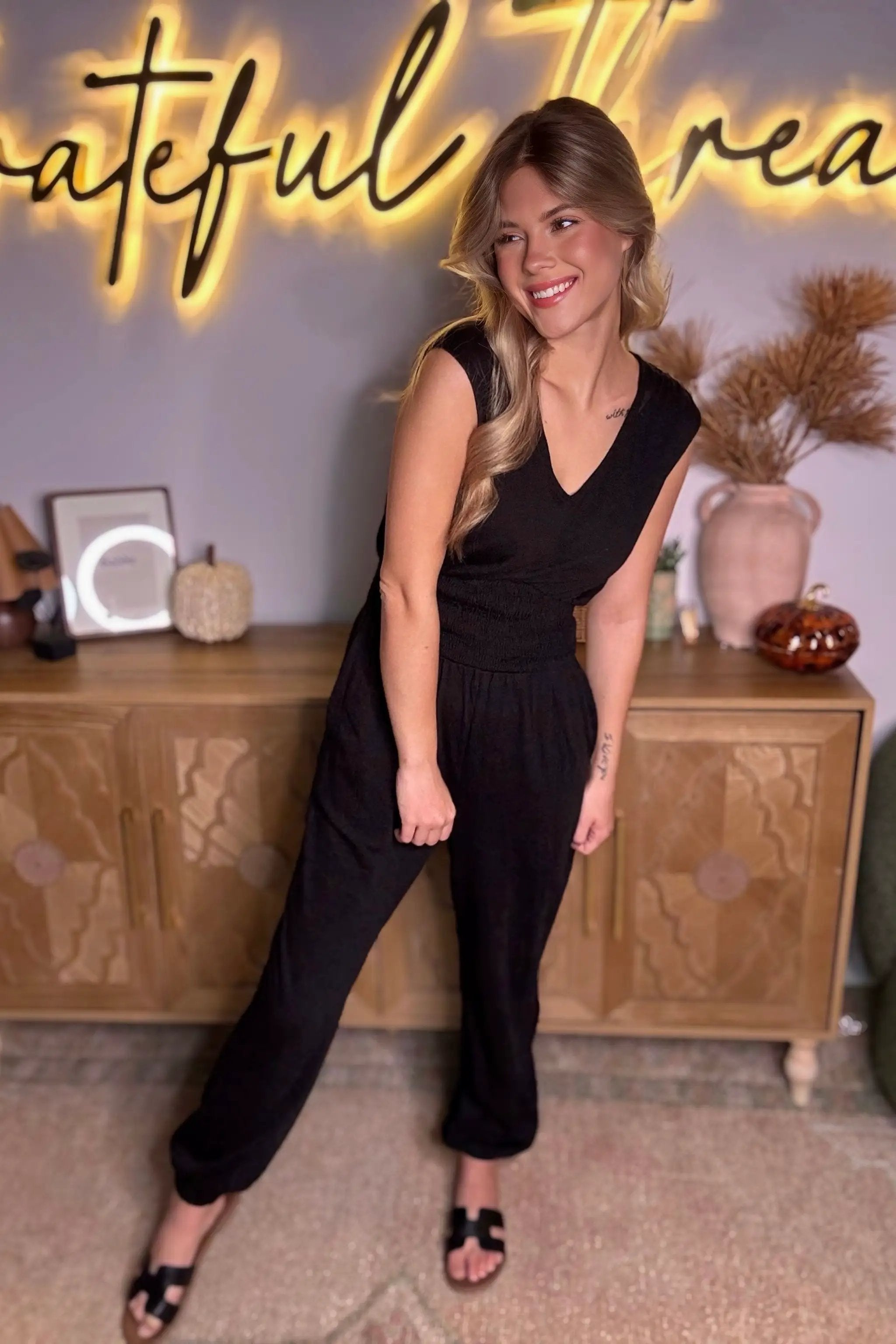 Grateful Threads Boutique Black Shirred High Waist Sleeveless V-Neck Jumpsuit - One-Pieces Black Shirred High Waist Sleeveless V Neck Jumpsuit