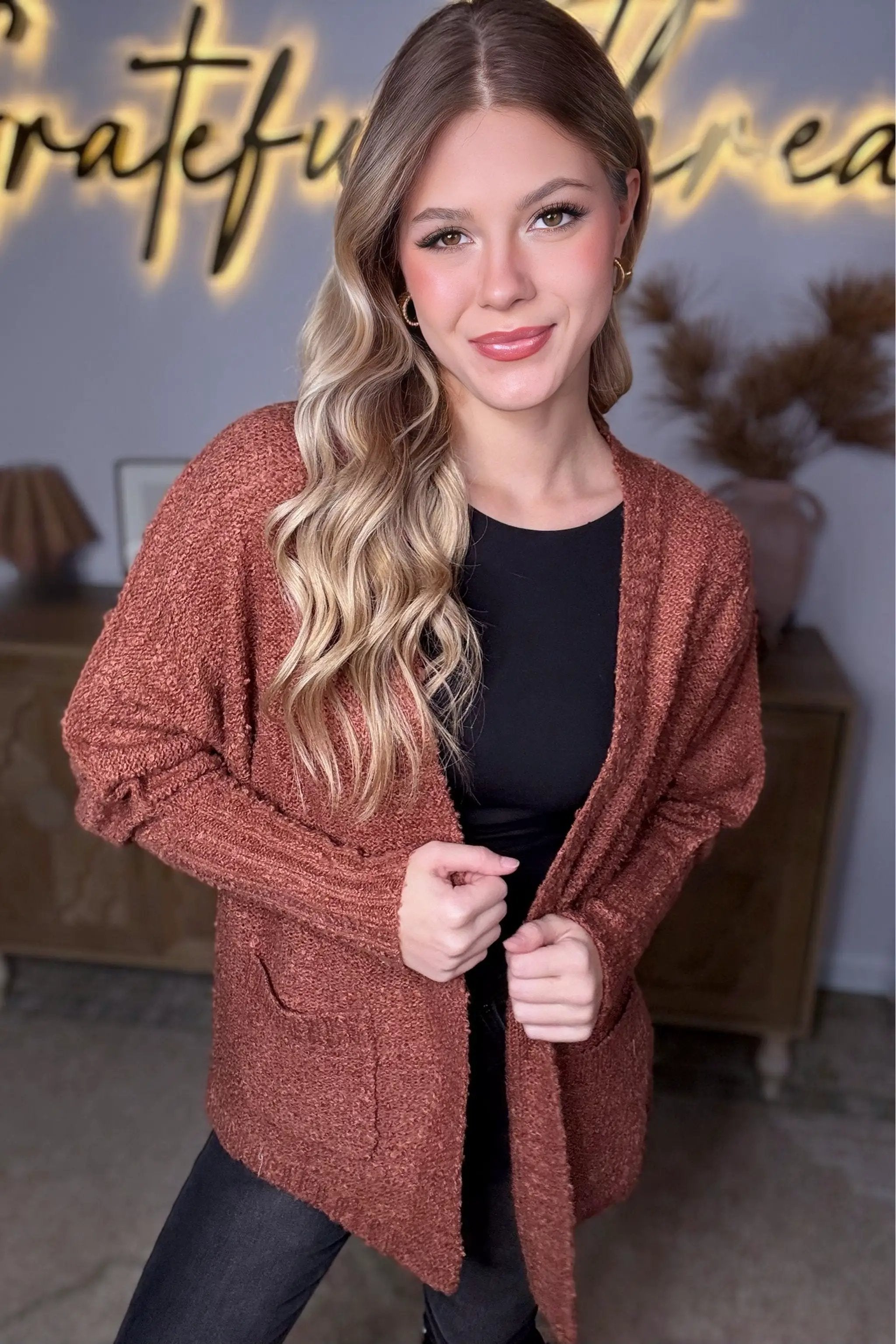 New In Knit Textured Two Pocket Open Front Cardigan - Cardigans