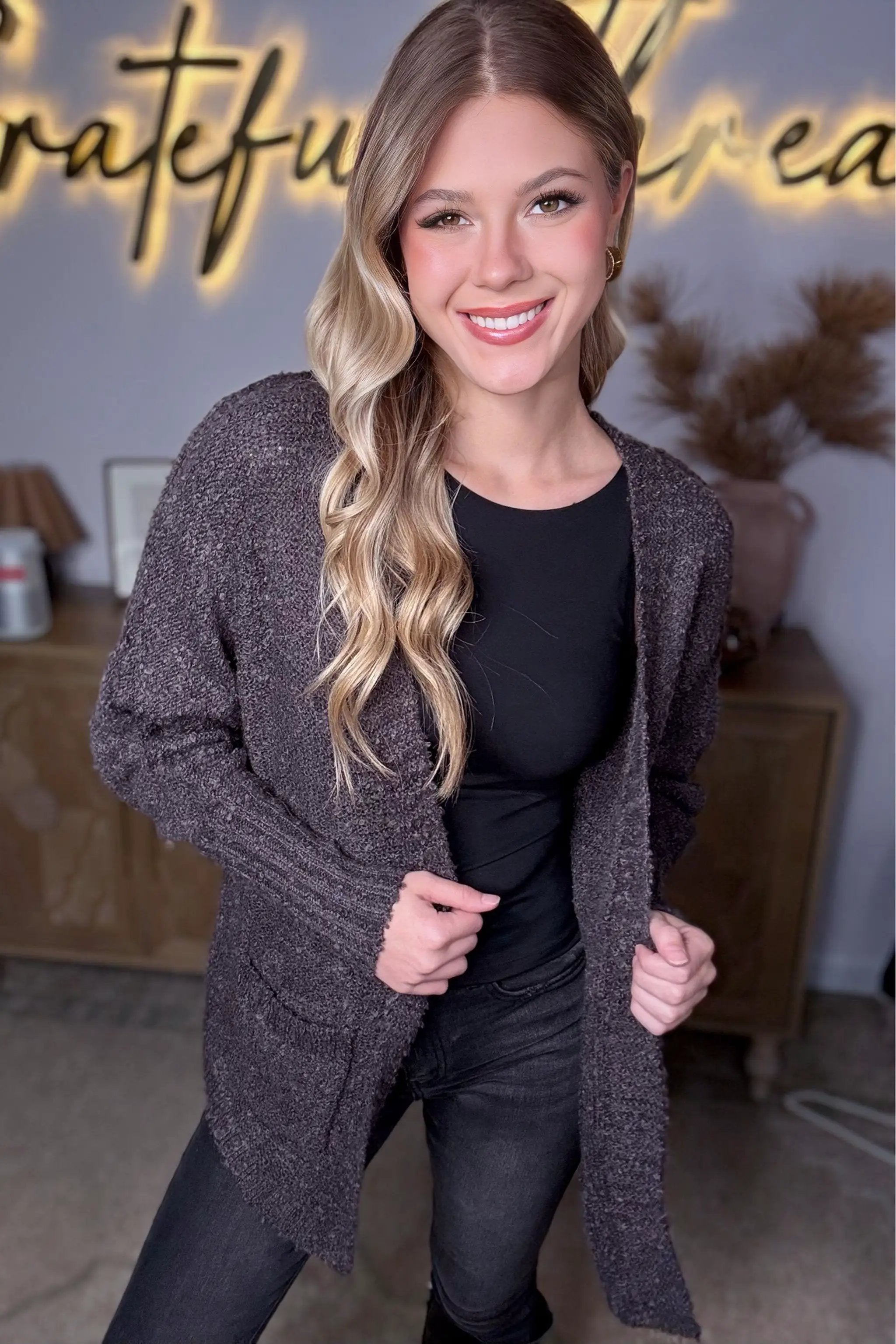 New In Knit Textured Two Pocket Open Front Cardigan - Cardigans