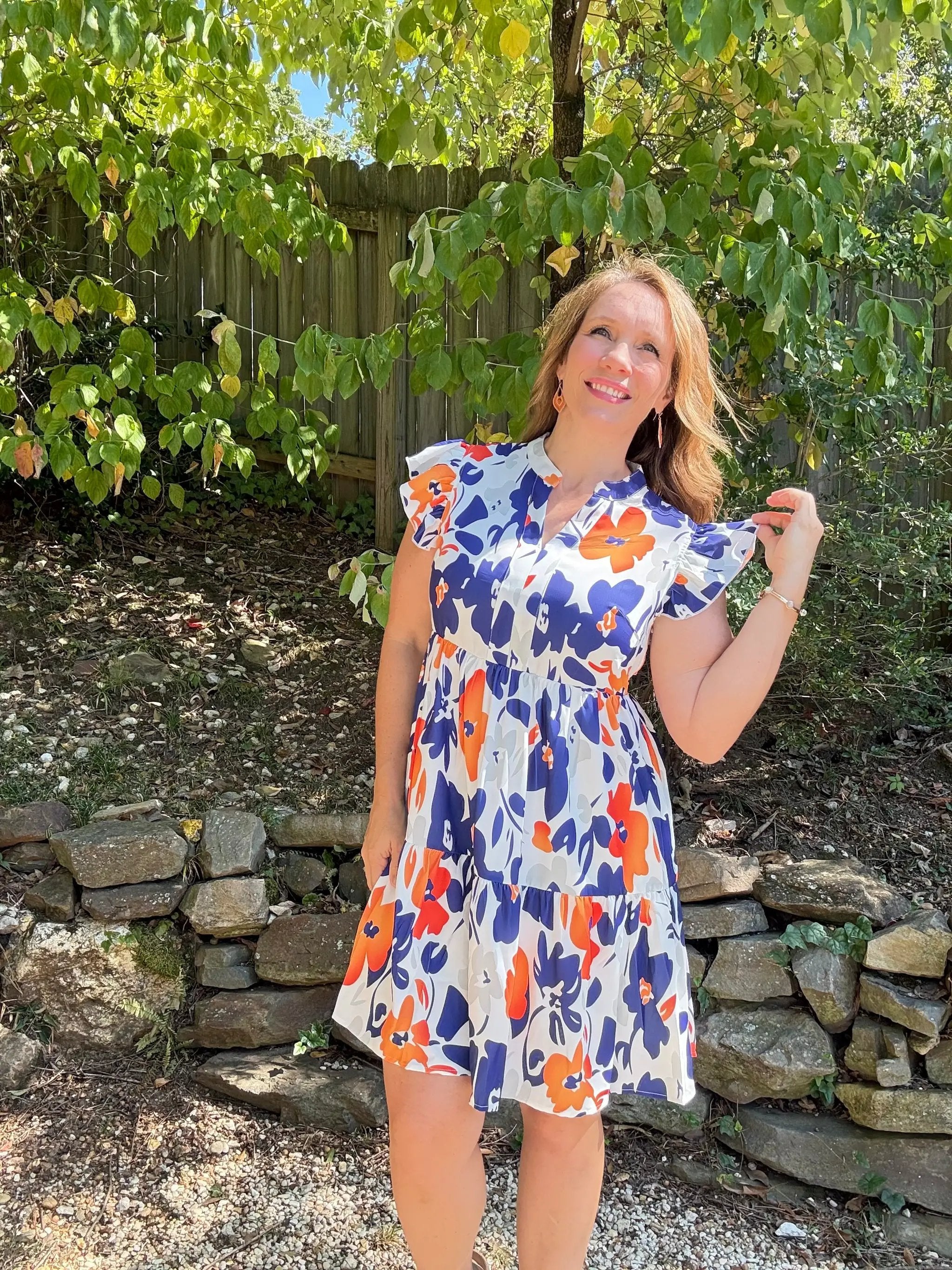 Grateful Threads Boutique Floral Print Notched Neck Flutter Sleeve Mini Dress - Dresses orange floral flutter sleeve mini dress