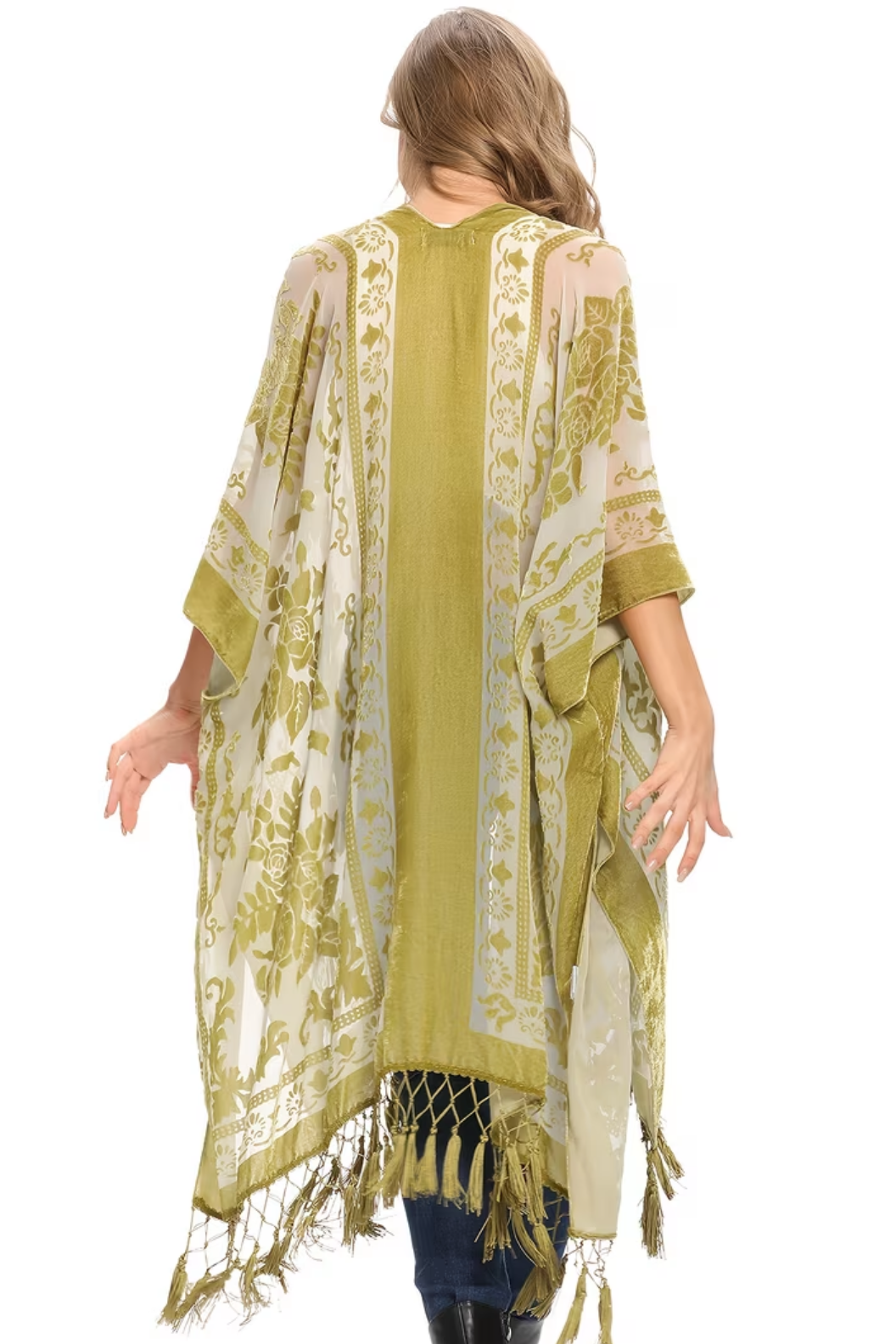 Three Bird Nest Crushin' On You Velvet Kimono in gold with cream floral panels and fringed tassel hem