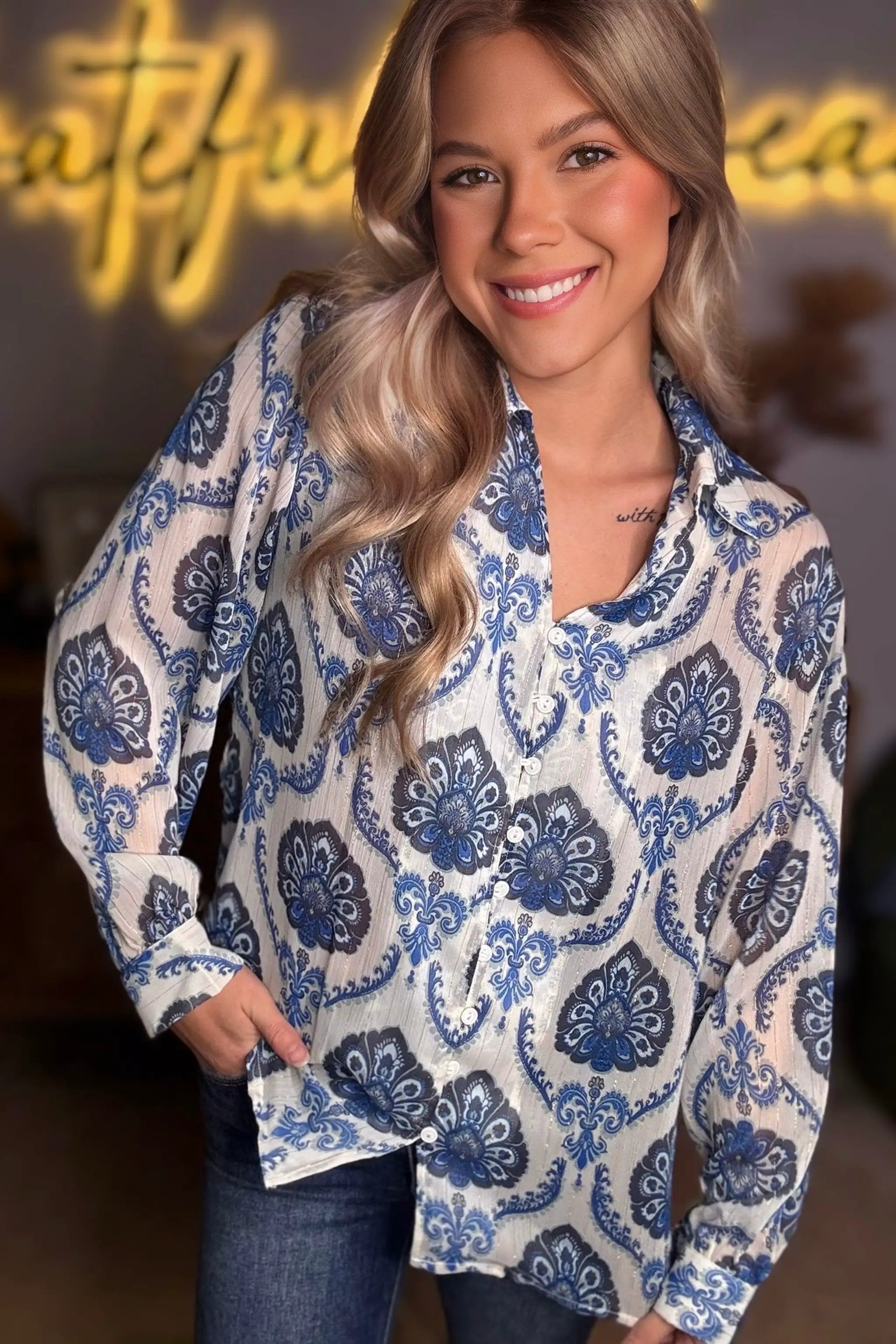 Grateful Threads Boutique Indigo Medallion Boho Button-Down Blouse - Blouses Blue Tribal Pattern Buttoned Front Loose Shirt