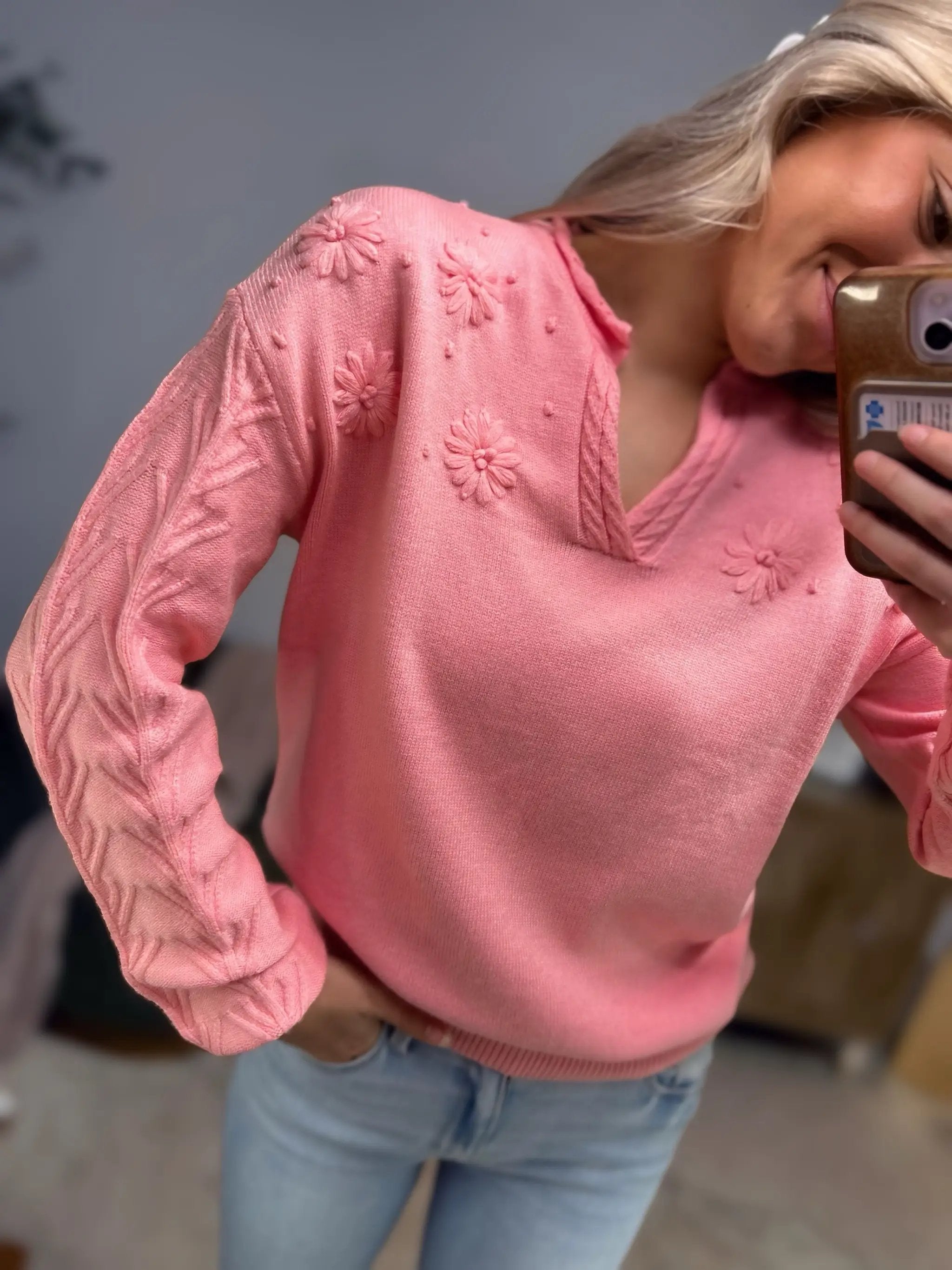 1 the Woman Peach Blossom Bloom Notched Neck Knit Sweater - Sweaters Peach Blossom Flower Detail Knitted Notched Neck Sweater