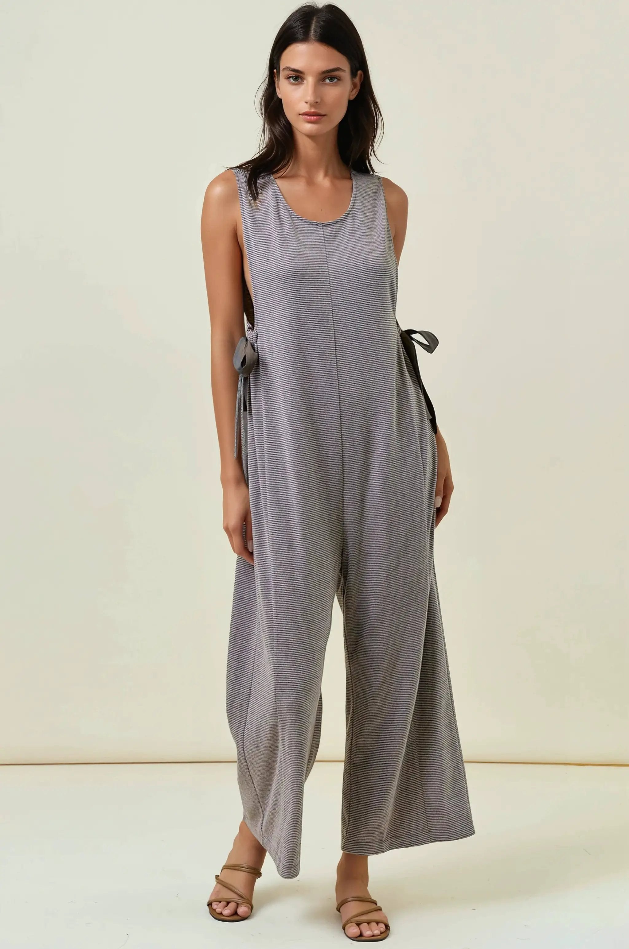 Doe and Rae The Driftwood Stripe Buttery Soft Ribbon Tie Jumpsuit - One-Pieces