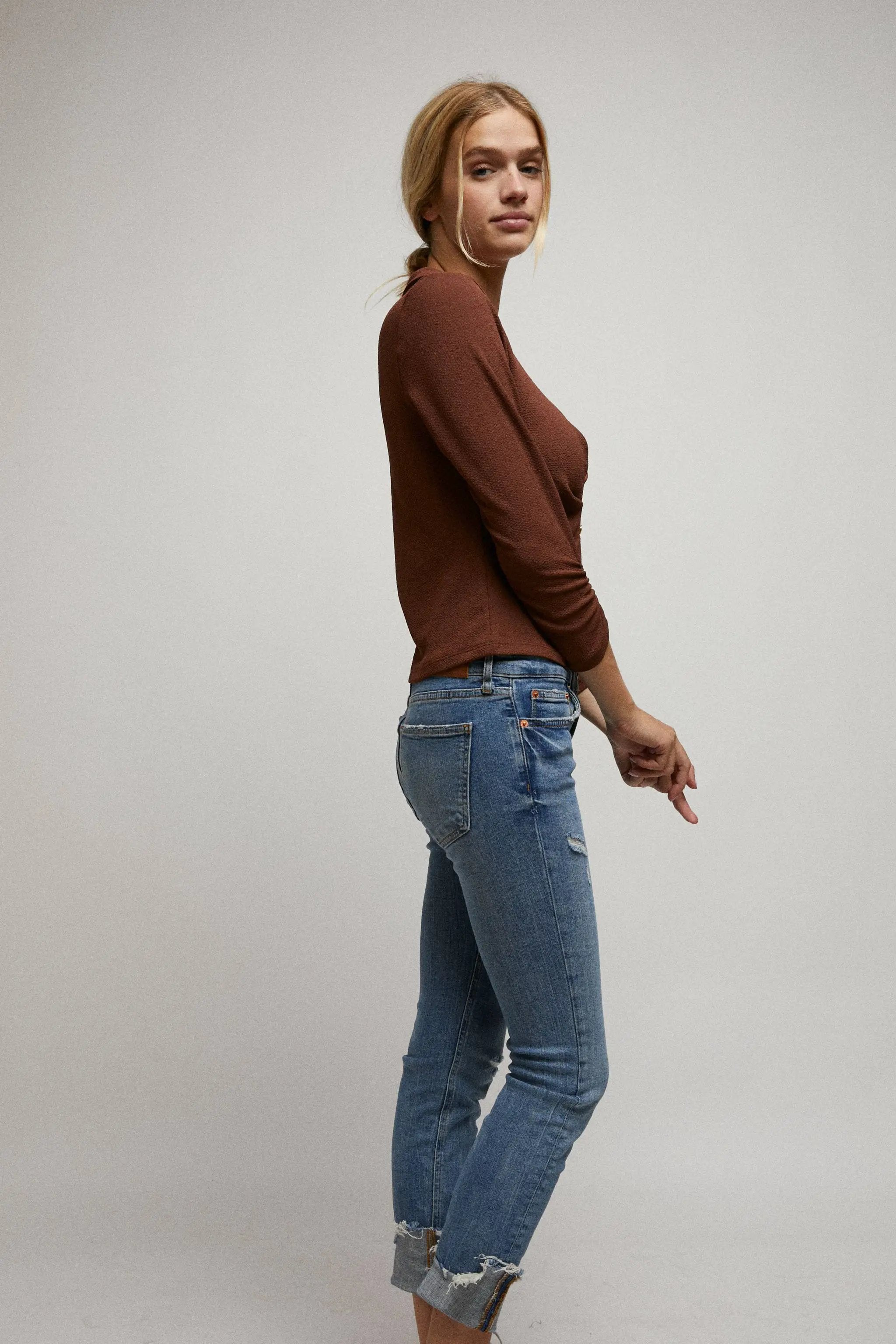 Cerule Cinched 3/4 Sleeves Pleated Front Collar V-Neck Top - Clothing Tops