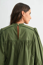 Camellia Camellia - EMBROIDERED OLIVE PUFF SLEEVE BLOUSE WTIH TRIM: OLIVE GREEN / S-M-L(3-2-1) -