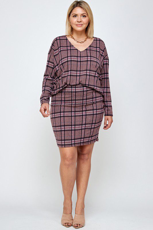 Plus size mauve plaid skirt and top set.