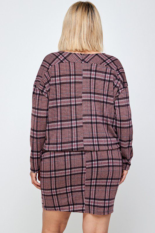 Plaid long sleeve mini dress, back view.