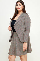 Plus-size plaid blazer and skirt set.