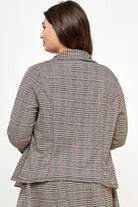 Brown plaid blazer, rear view.