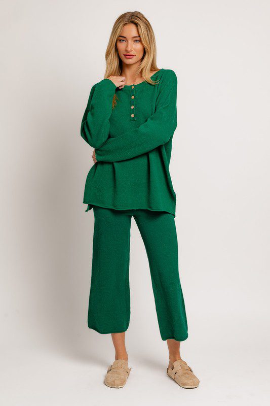 Green knit sweater and pants set.