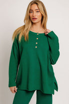 Green waffle knit henley top and pants.