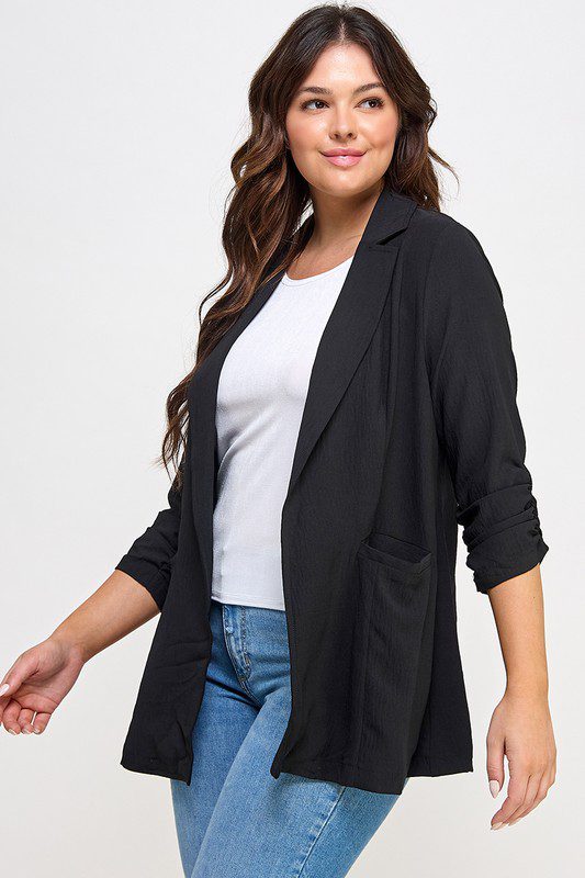 Black linen blazer, plus size model.