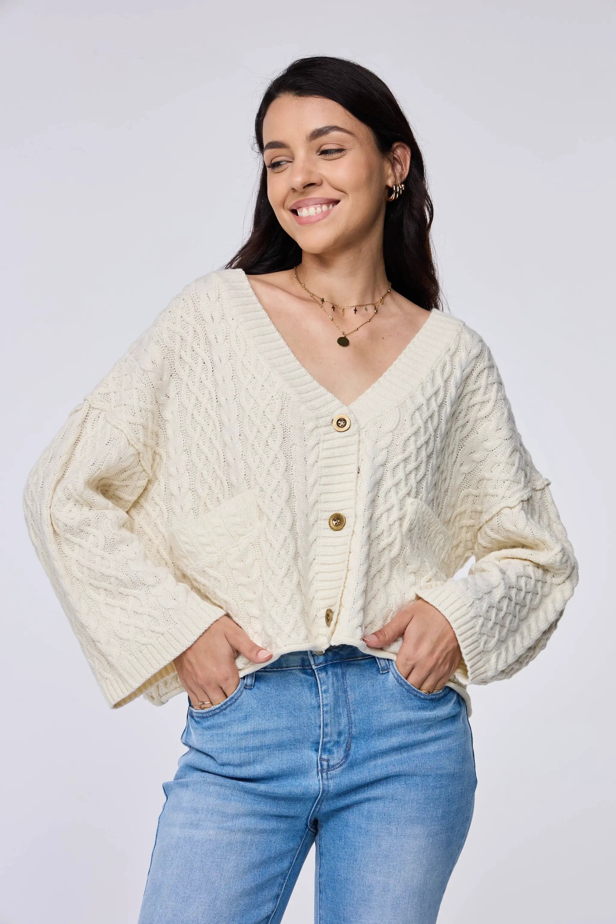 Lovesoft Lovesoft - 100% Acrylic Relaxed Cozy Cable Knit Cardigan - Apricot - Cardigans