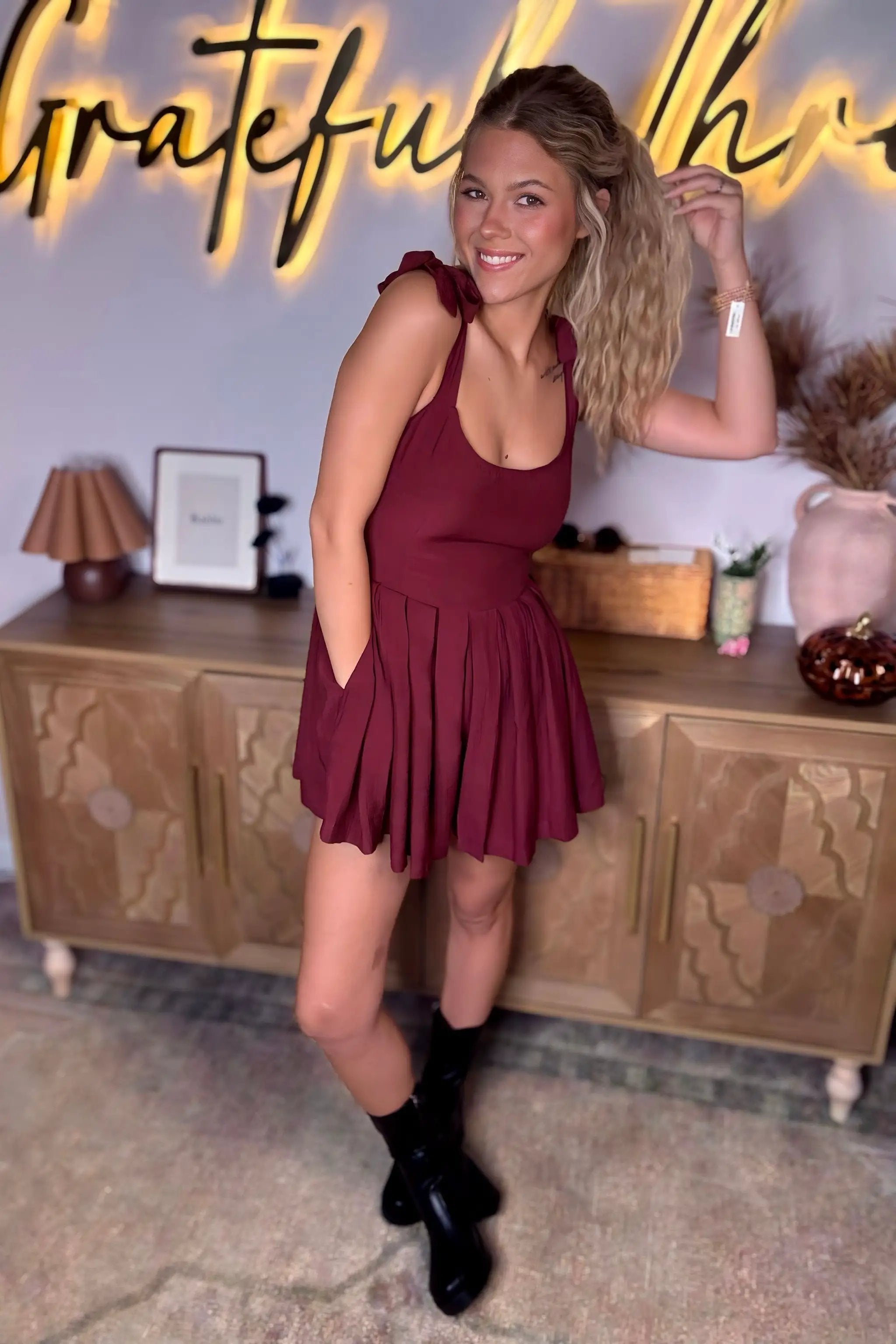 En Crème En Crème Wine Shoulder Tie Pleated Romper - One-Pieces shoulder tie pleated romper