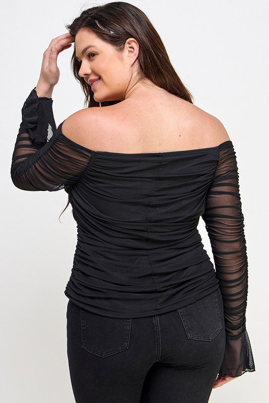 Black off-the-shoulder mesh long sleeve top.