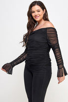 Black off-the-shoulder mesh long sleeve top.