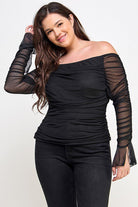 Black off-the-shoulder mesh long sleeve top.