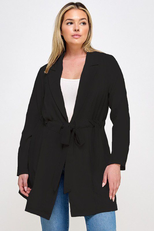 Black belted long-sleeve blazer.