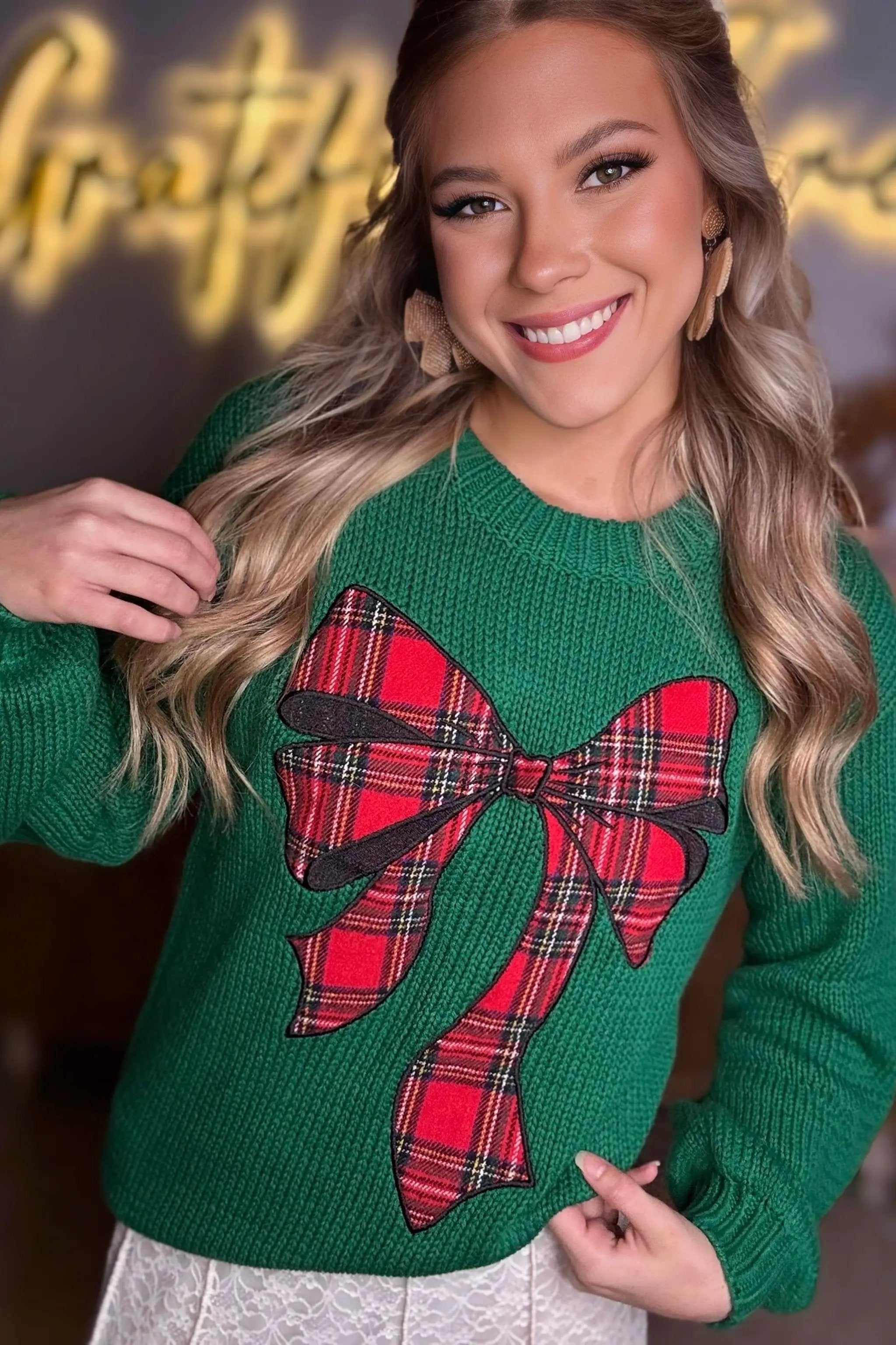Grateful Threads Boutique Evergreen Plaid Bow Holiday Sweater - Sweaters Evergreen Plaid Bow Graphic Christmas Sweater