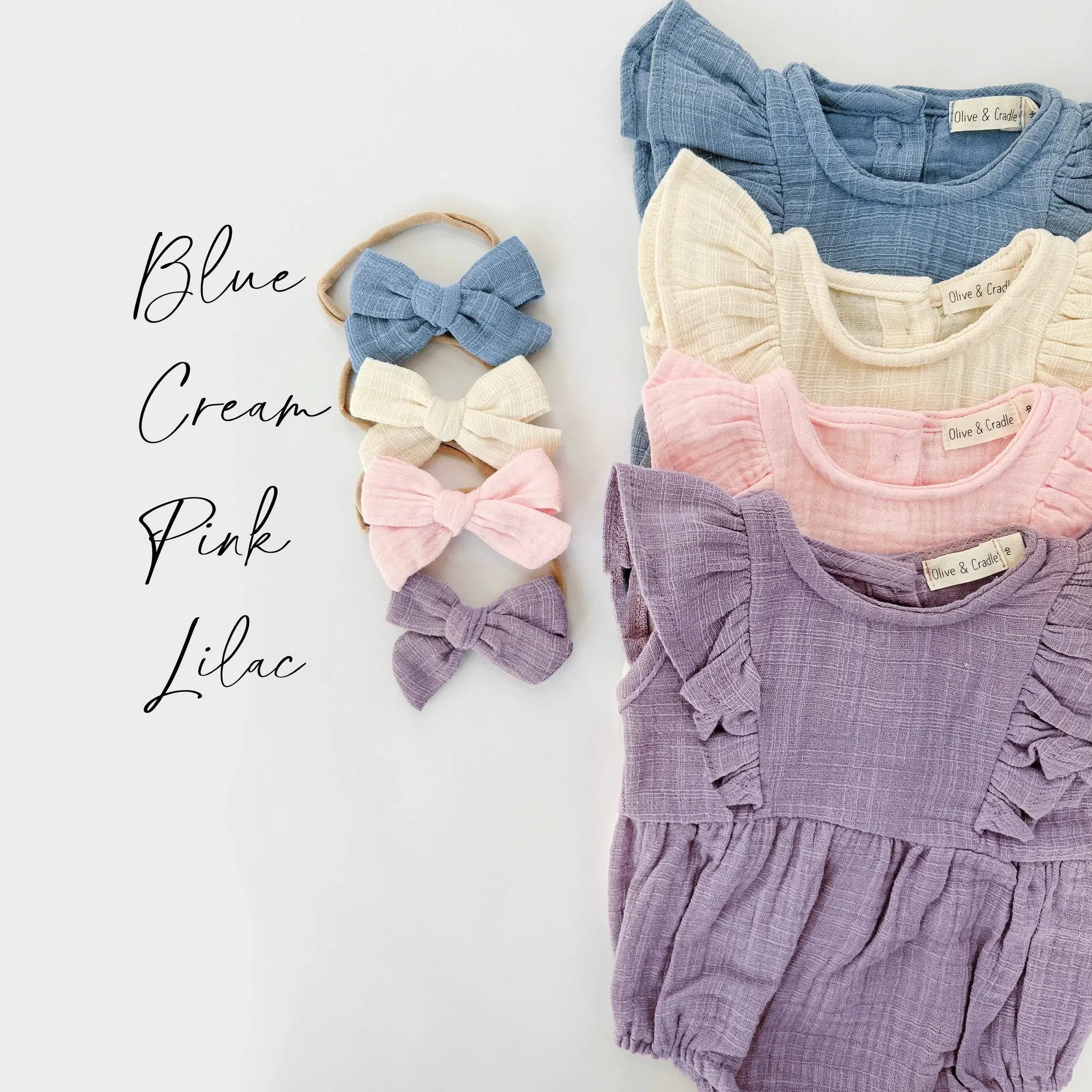 OLIVE & CRADLE The Sweet Pea Ruffle Bubble Romper + Bow Set - Baby One-Pieces