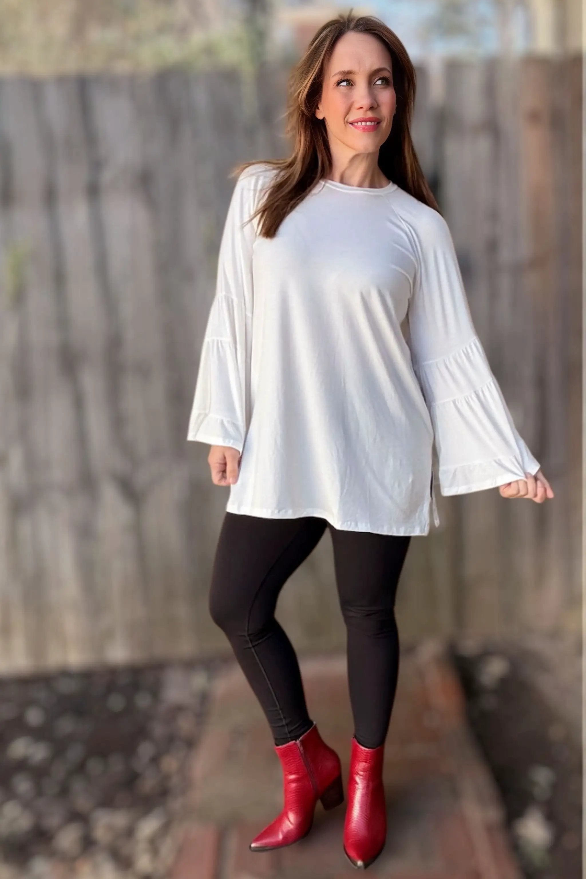 Three Bird Nest Three Bird Nest - Bell Sleeve Baseball Tee - White - Blouses tops-blouses