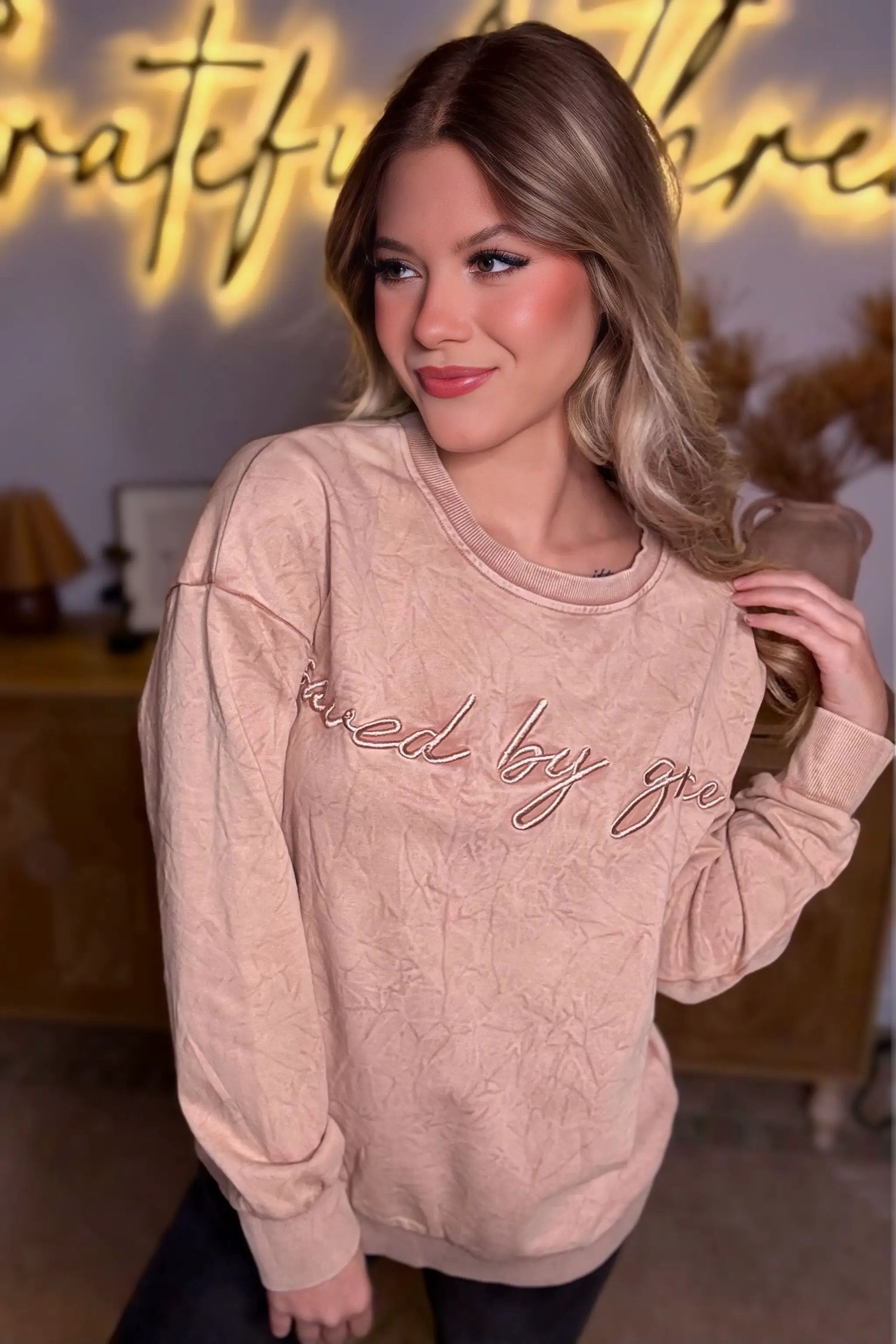 Grateful Threads Boutique “Saved By Grace” Letter Embroidery Mineral Wash Loose Sweatshirt - Sweatshirts DUNE saved by grace Letter Embroidery Mineral Wash Loose Sweatshirt