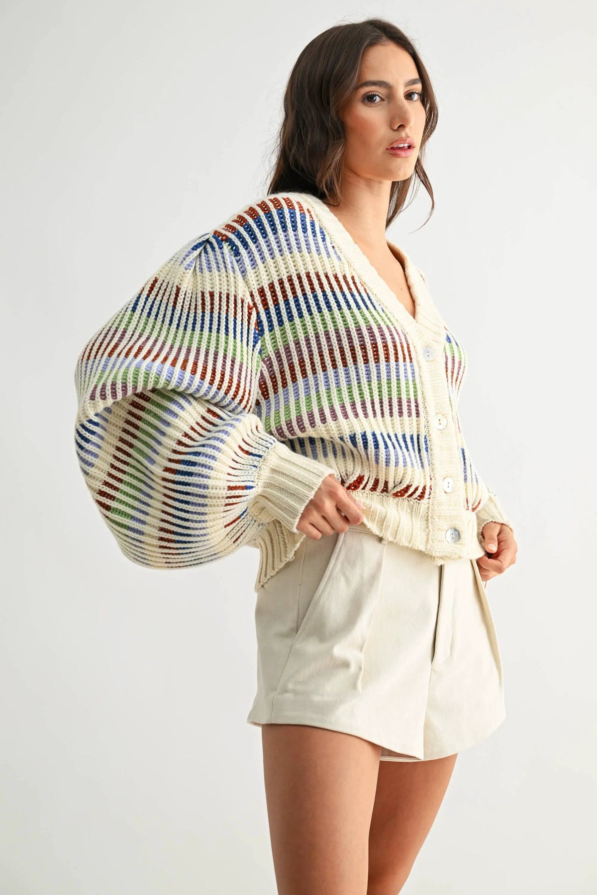 Camellia Camellia - CWT26016 Multicolor Striped Chunky Knit Cardigan: MULTI STRIPE / S-M-L (3-2-1) -
