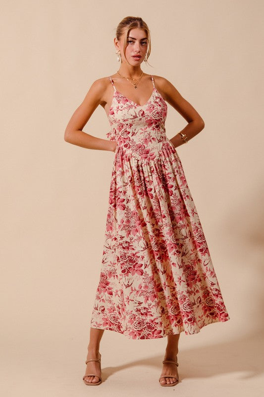 Woman wearing a floral dress against a plain background