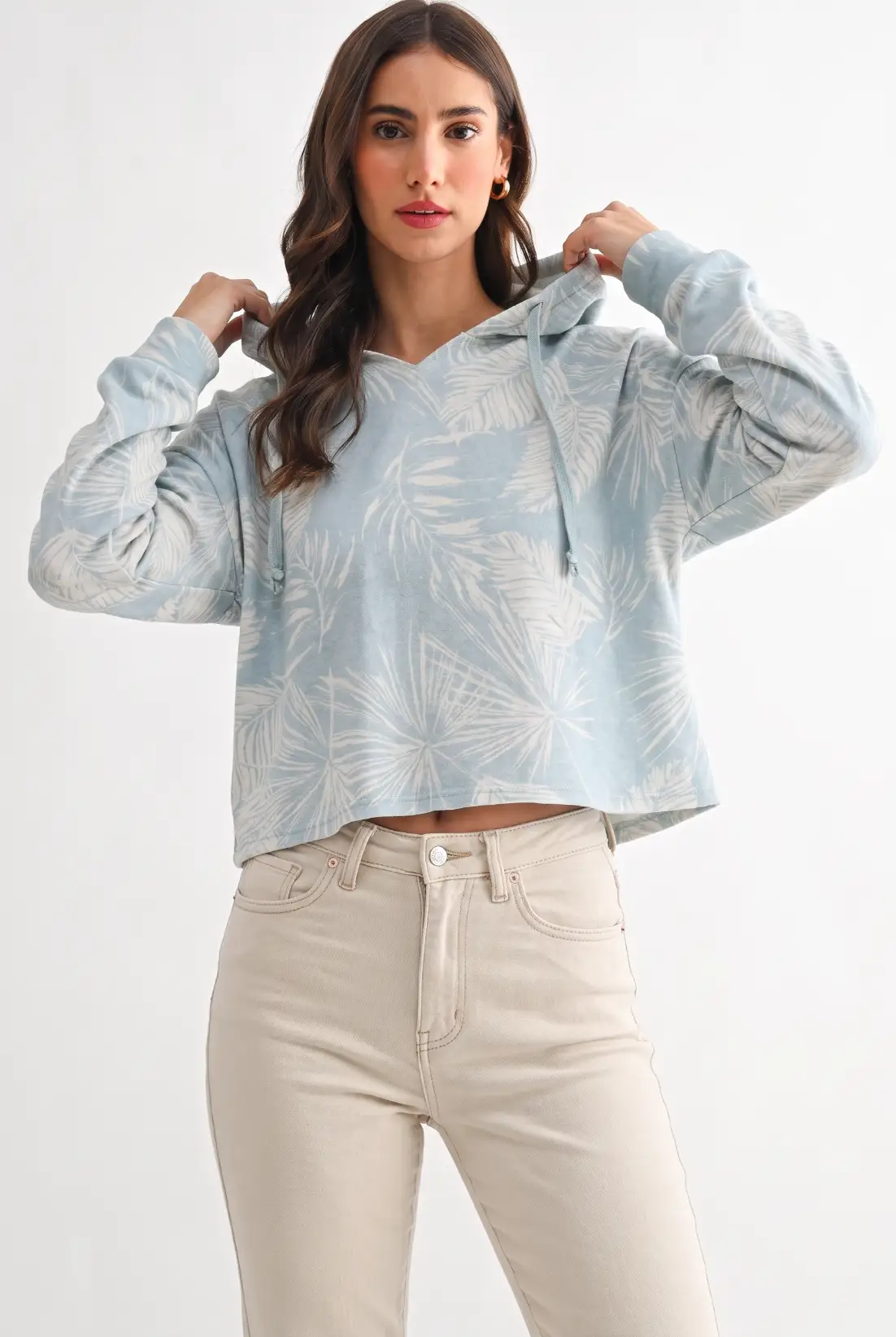 Camellia Dusty Sage French Terry Cropped Hoodie With Tropical Leaf Print - Hoodies