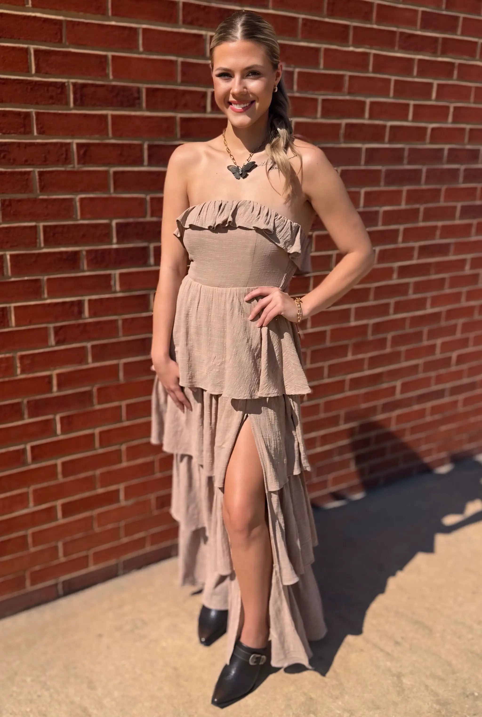 Promesa USA Sand Textured Cotton Strapless Tiered Ruffle Maxi Dress - Dresses Promesa USA Sand Textured Cotton Strapless Tiered Ruffle Maxi Dress