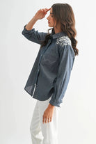 Camellia Camellia - EMBROIDERED DENIM BUTTON-UP LONG-SLEEVE SHIRT: DARK CHAMBRAY / S-M-L(3-2-1) -