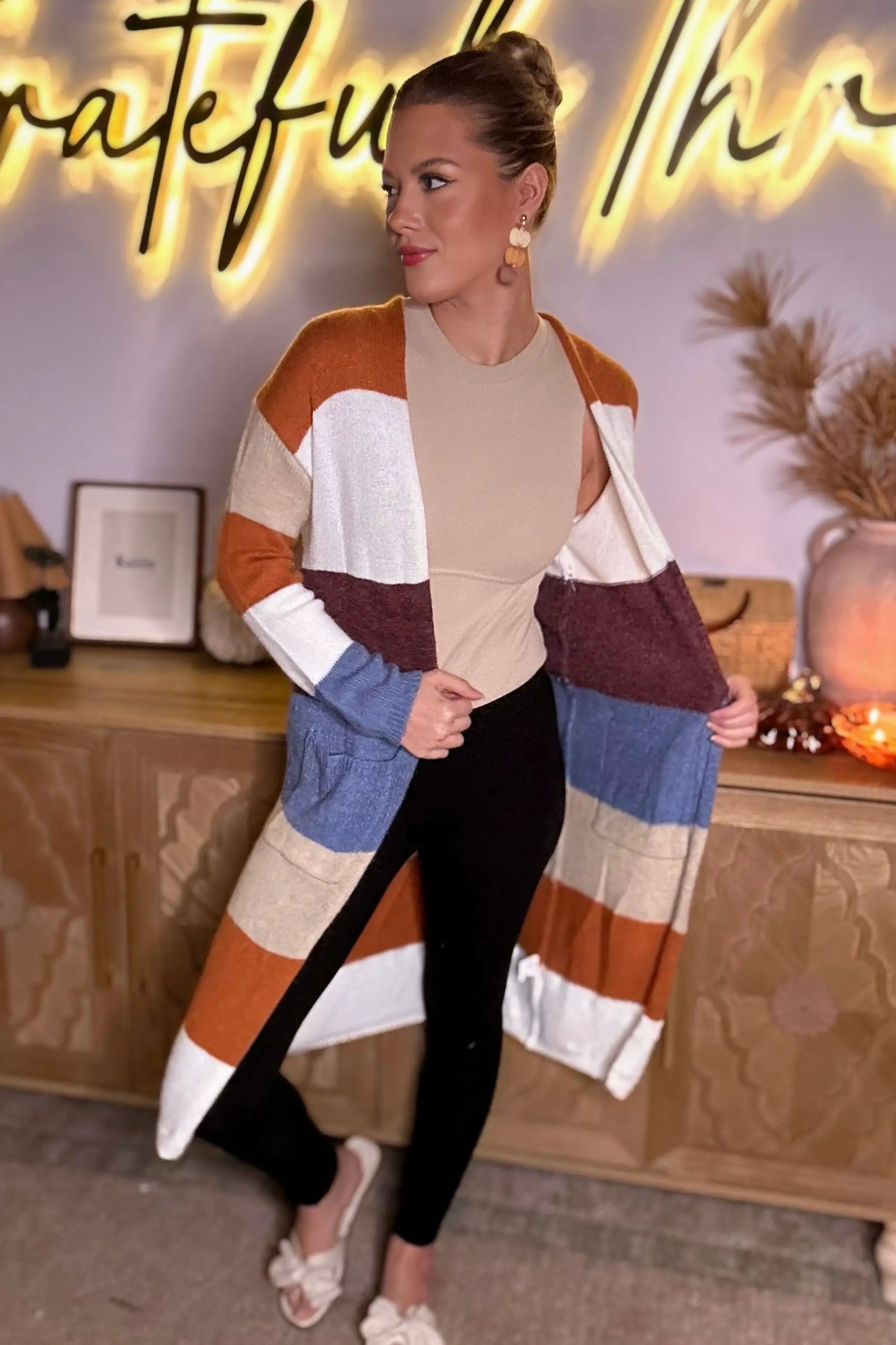 Grateful Threads Boutique Multicolor Colorblock Open Front Long Knit Cardigan - Cardigans Multicolor Colorblock Open Front Long Knit Cardigan