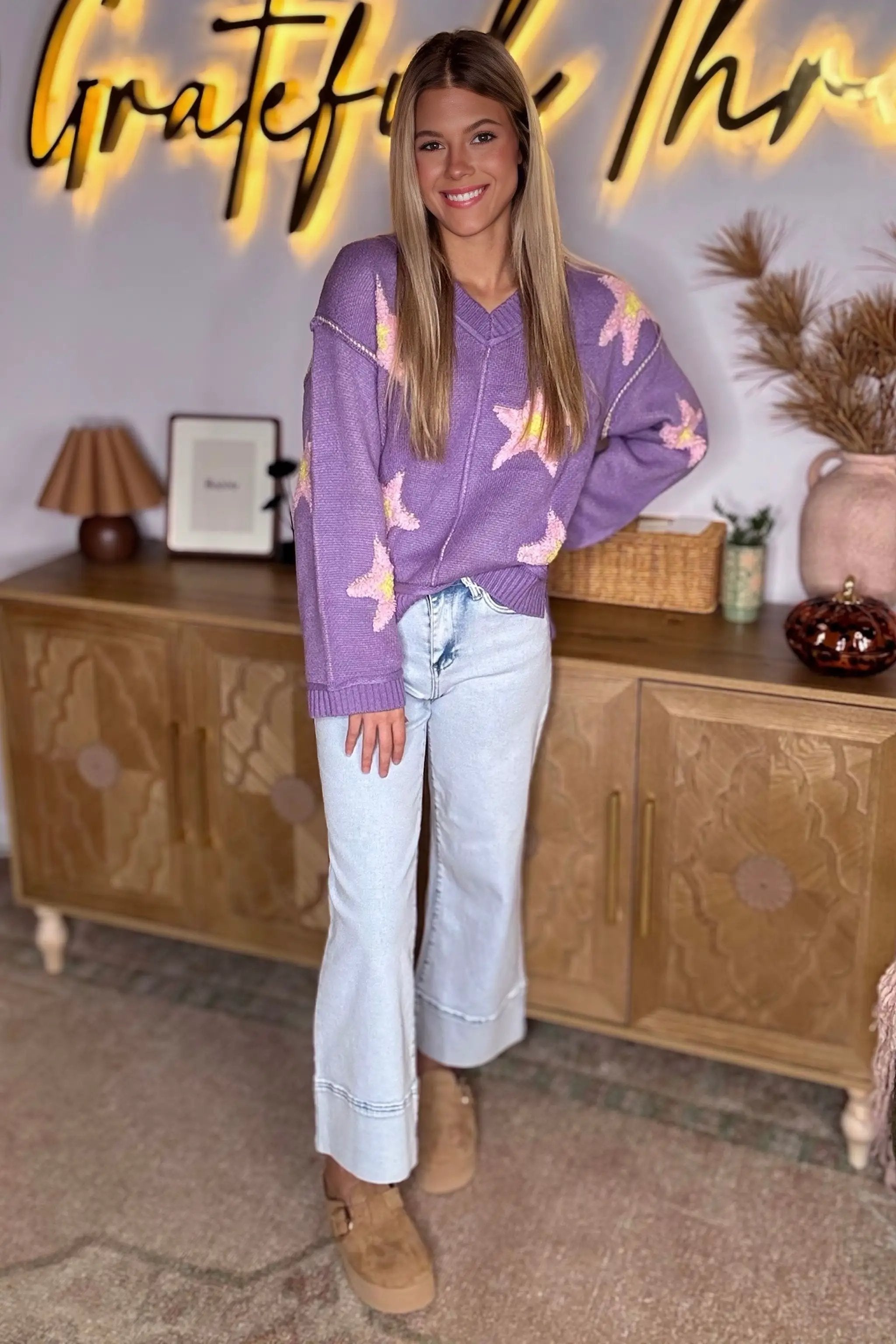 Grateful Threads Boutique Lavender Brushed Star Graphic V-Neck Drop Shoulder Oversize Sweater - Sweaters Lavender Brushed Star Graphic V-Neck Drop Shoulder Oversize Sweater