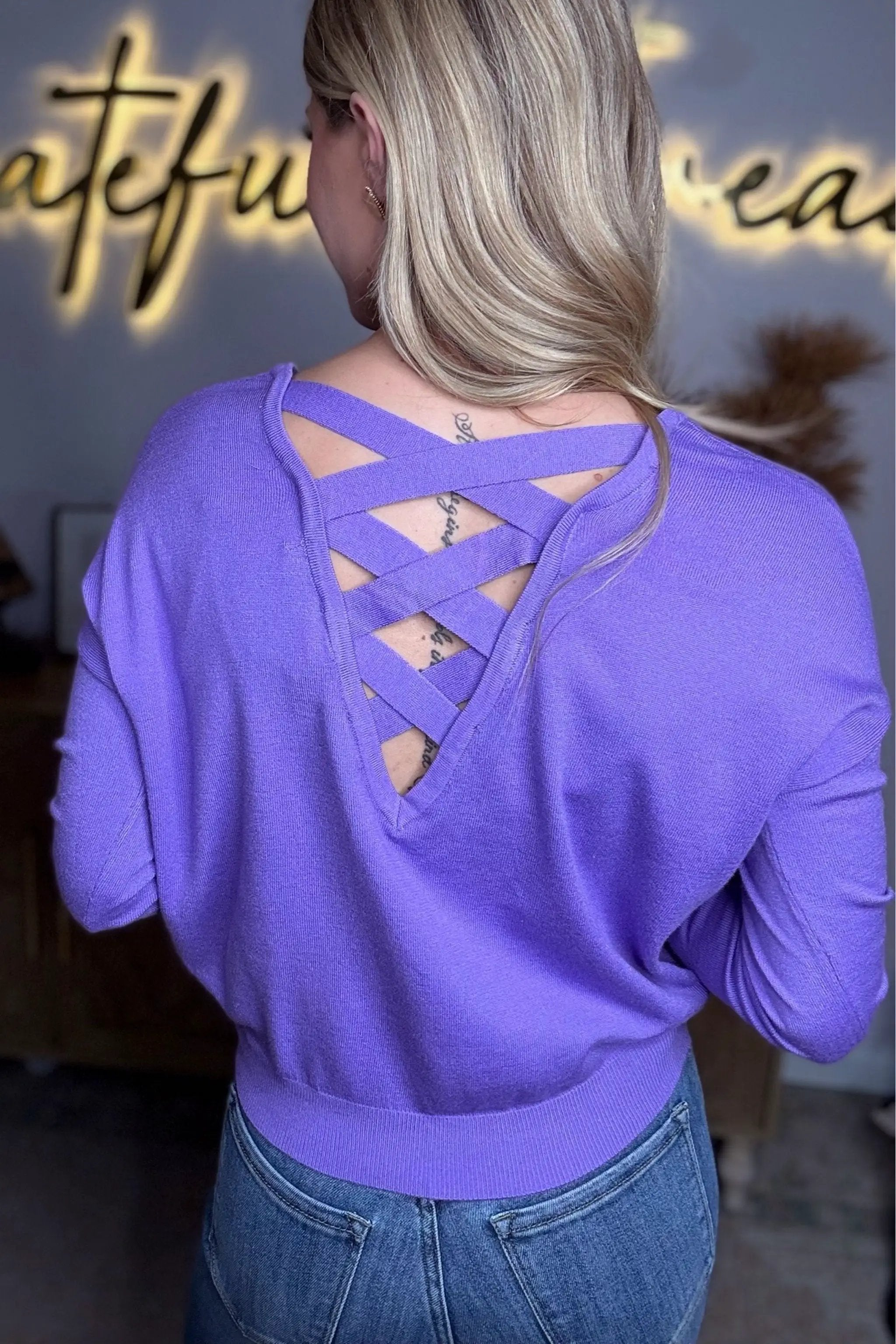 Active Basic | Active USA Purple Cross My Heart V-Neck Sweater - Sweaters Purple V-neck back detailed sweater
