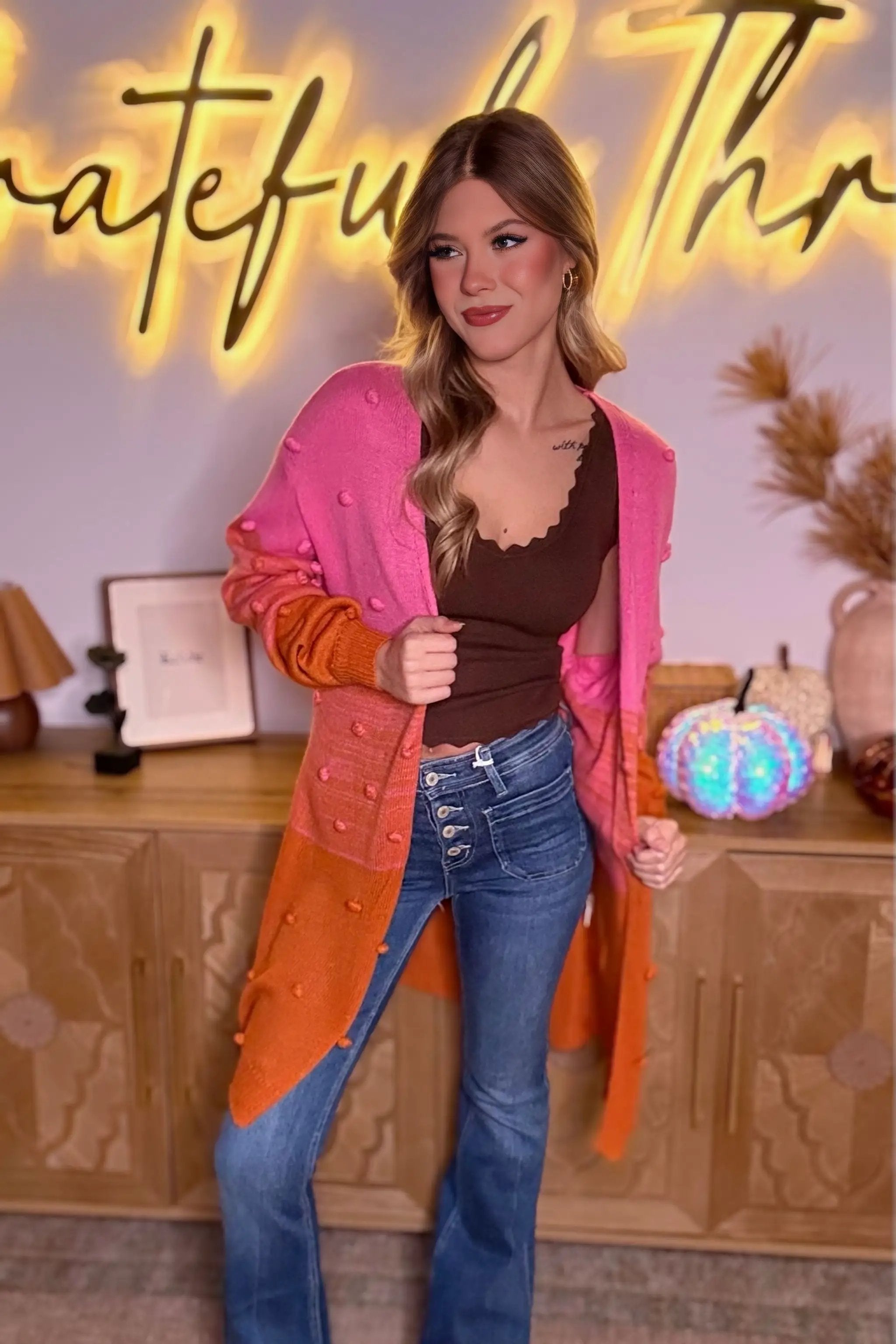 Grateful Threads Boutique Sunset Color Block Pom Pom Open Front Cardigan Sweater - Cardigans Multicolor Pompom Color Block Open Front Cardigan