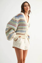Camellia Camellia - CWT26016 Multicolor Striped Chunky Knit Cardigan: MULTI STRIPE / S-M-L (3-2-1) -