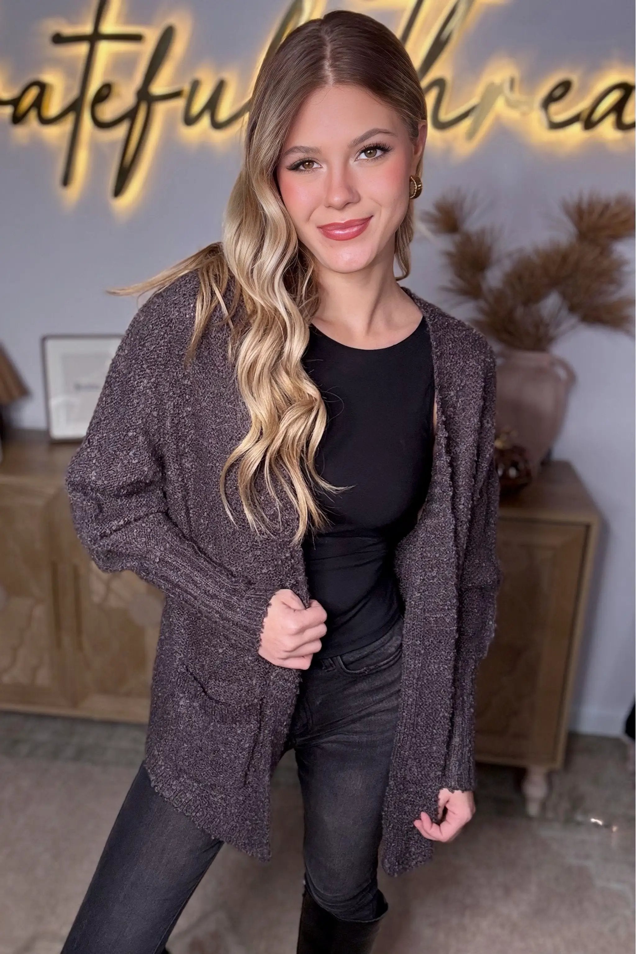 New In Knit Textured Two Pocket Open Front Cardigan - Cardigans