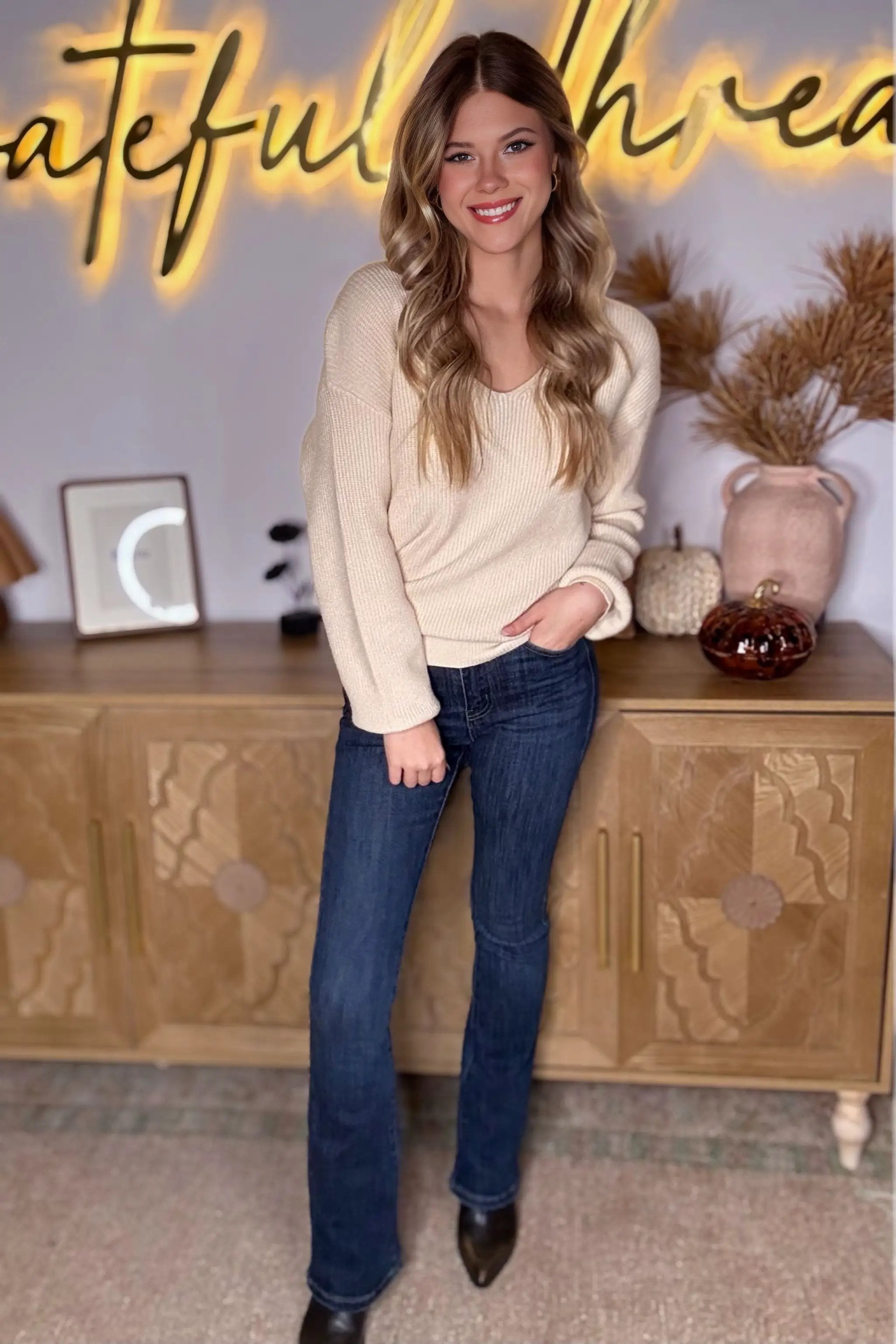 Grateful Threads Boutique Apricot Lantern V-Neck Knot Back Sweater - Sweaters