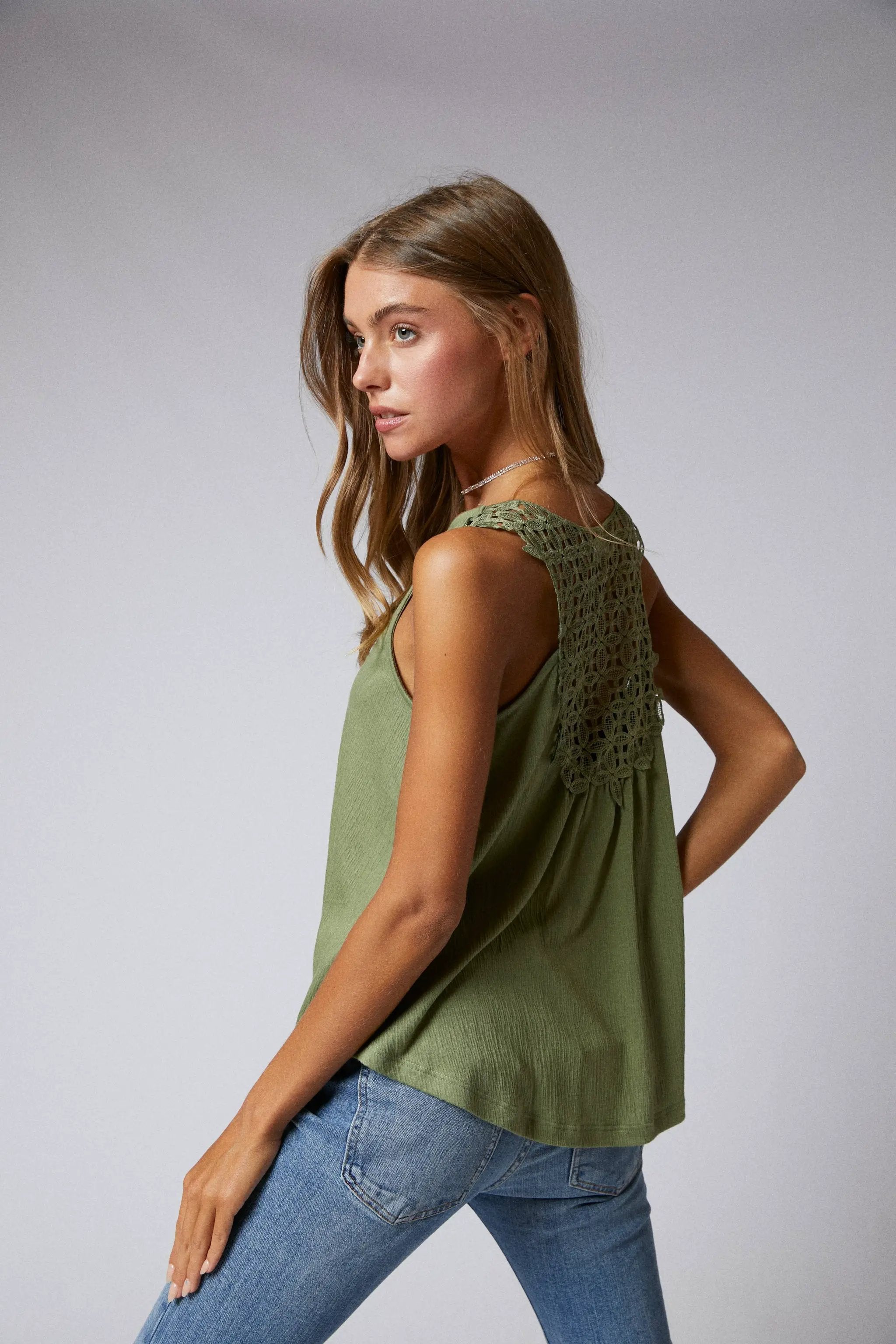 Cerule Sleeveless Back Lace Patch Crinkle Knit Swing Top - Tank Tops