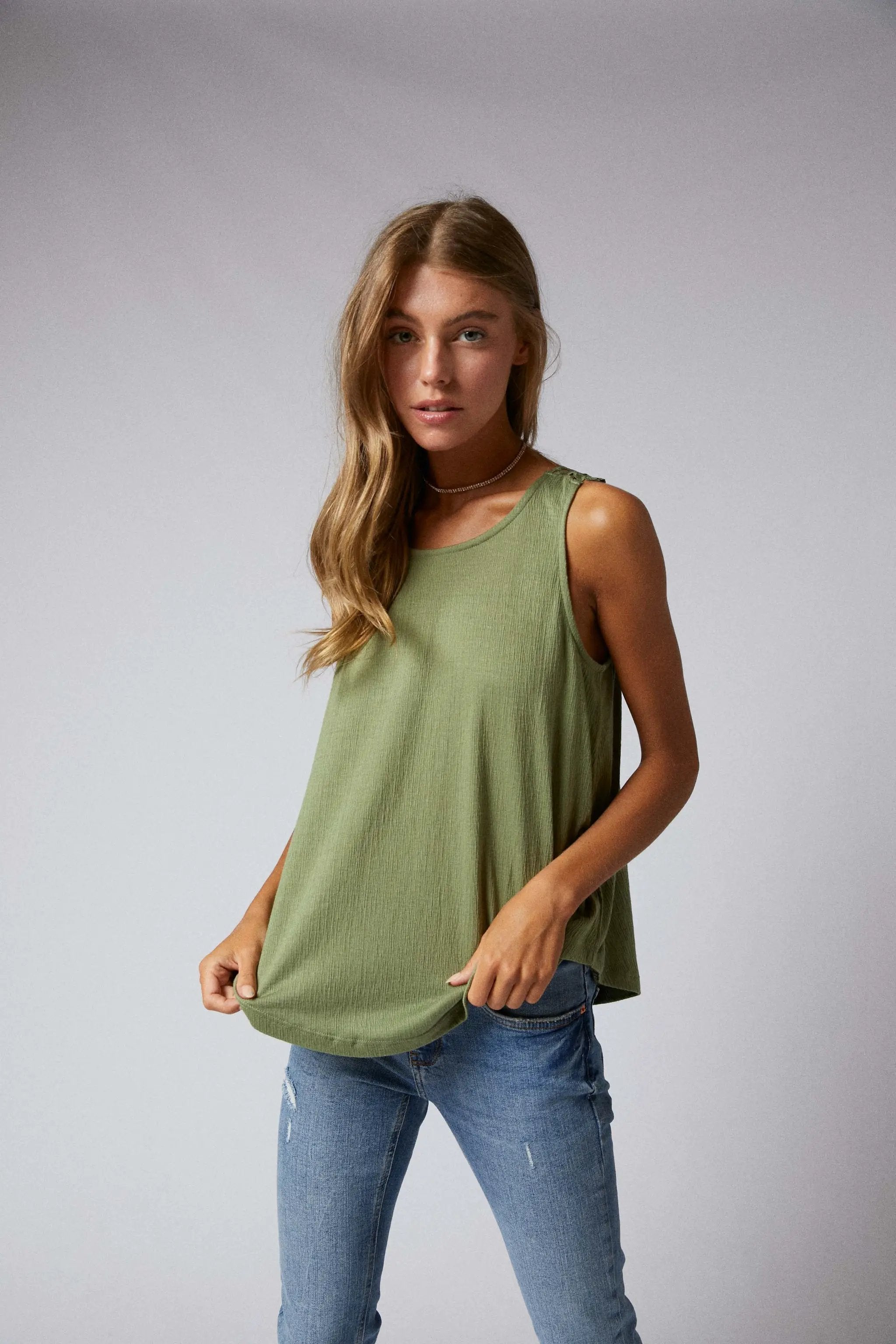 Cerule Sleeveless Back Lace Patch Crinkle Knit Swing Top - Tank Tops