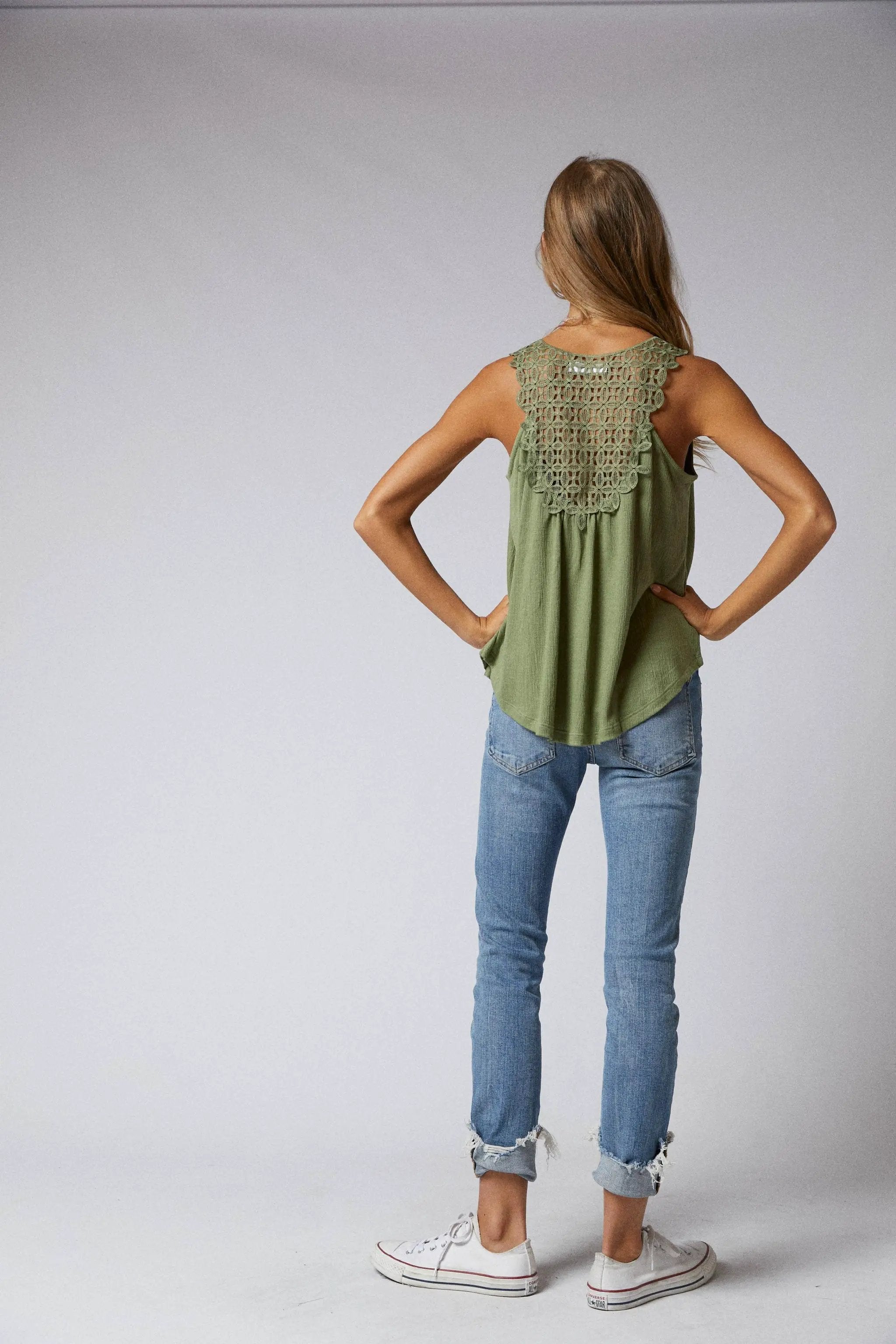 Cerule Sleeveless Back Lace Patch Crinkle Knit Swing Top - Tank Tops