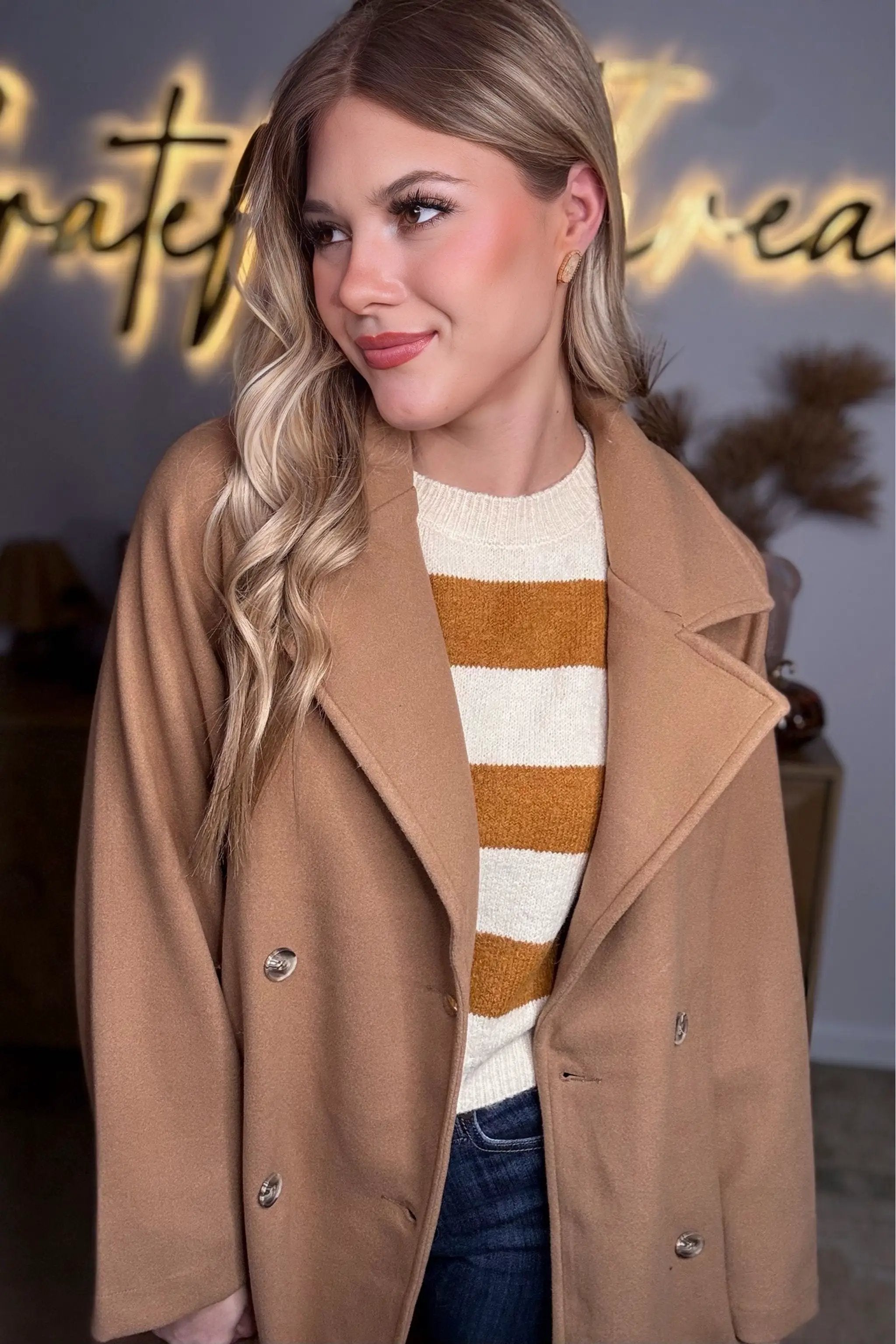 Active Basic | Active USA Active Basic | Active USA - Long Sleeve Double Breasted Button Soft Felt Trench Coat in Camel - Trench Coats Long Sleeve Double Breasted Button Soft Felt Trench Coat